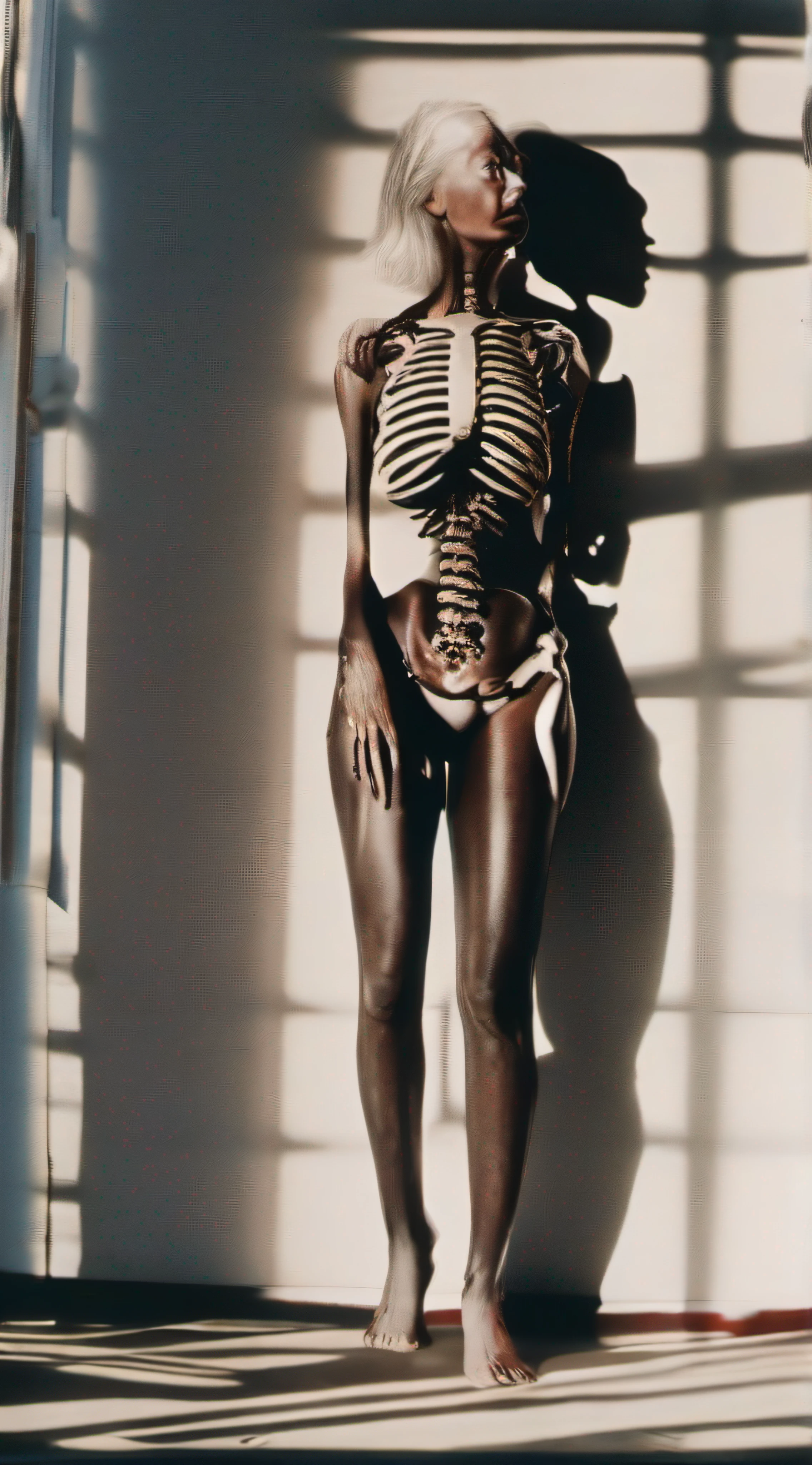 "(The best lighting, alto contraste, oscuro, dramatic),(Chica rubia junto a una cabra negra gigante, Open the rib cage, feto, autopsia, huesos humanos, sangre por las paredes). Luz Caravaggio"