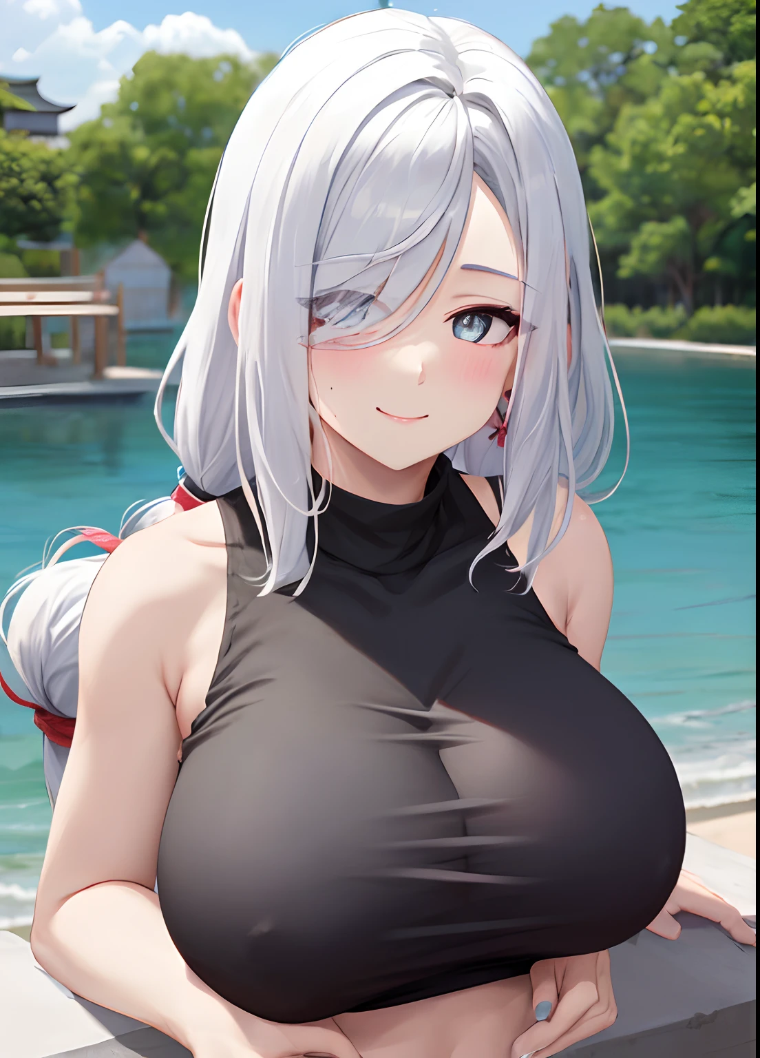 black tank top, pink bra, big breast, , white hair, upper body, smile, blush, outdoors, day, simple background, blue sky, long hair, sky, temple, looking at viewer, , white tank top, ahegao