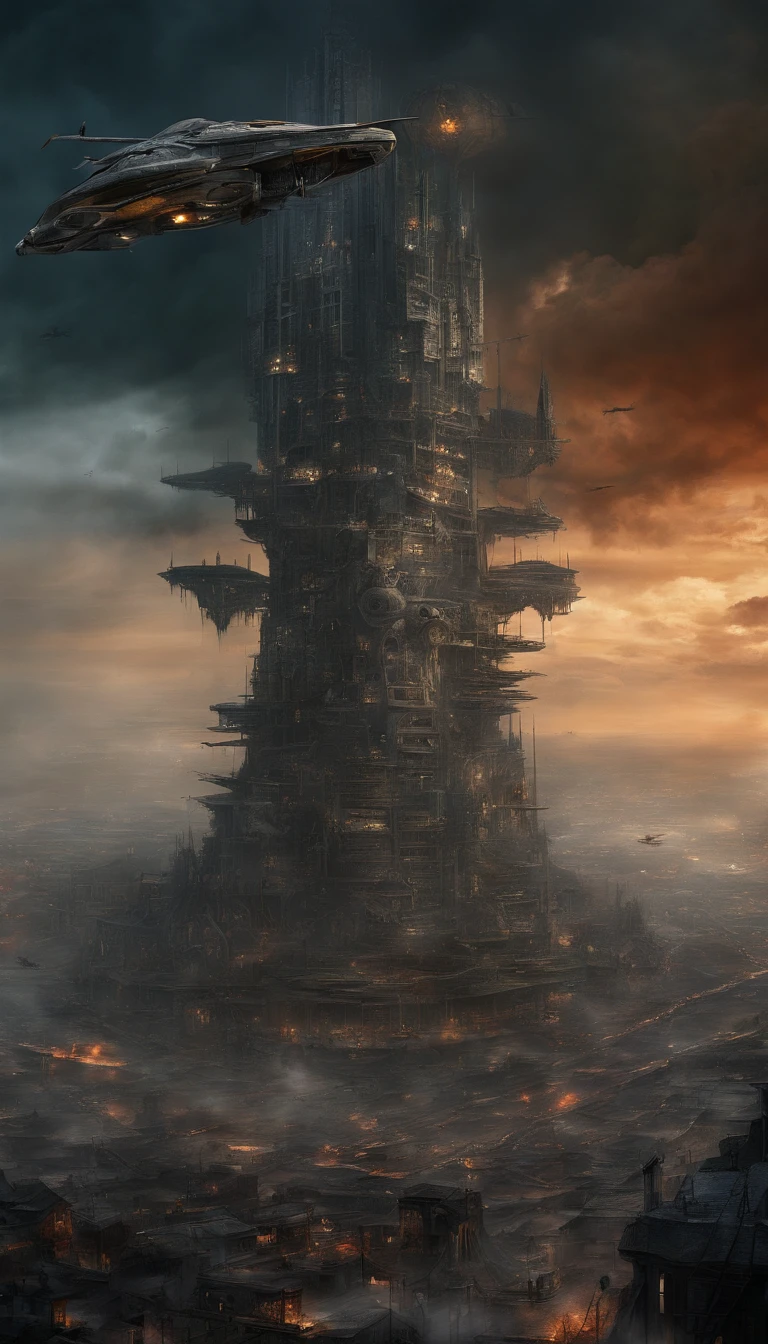 (arte sci-fi:1.5), post-apocalyptic world of science fiction, (Uma cidade voadora:1.7), A white flying castle is located in it, (Huge mechanisms expel clouds of smoke:1.3), scenic view, clouds of smoke, Nuvens de tempestade, (master part), (vivid colors:1.6)