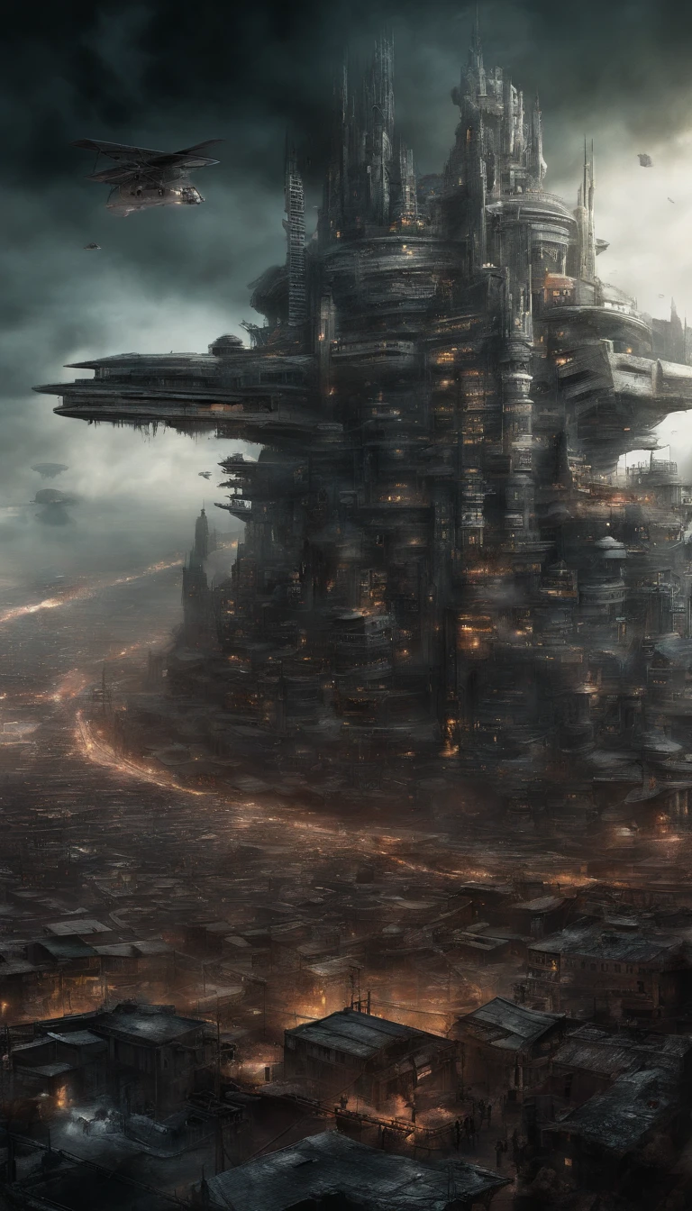 (sci fi art:1.5), Sci-fi post-apocalyptic world, (flying city:1.7), A white flying castle is located above, (The huge mechanism spews smoke:1.3), Panoramic view, Clouds of smoke, dark cloude, (Masterpiece), (Vivid colors:1.6)