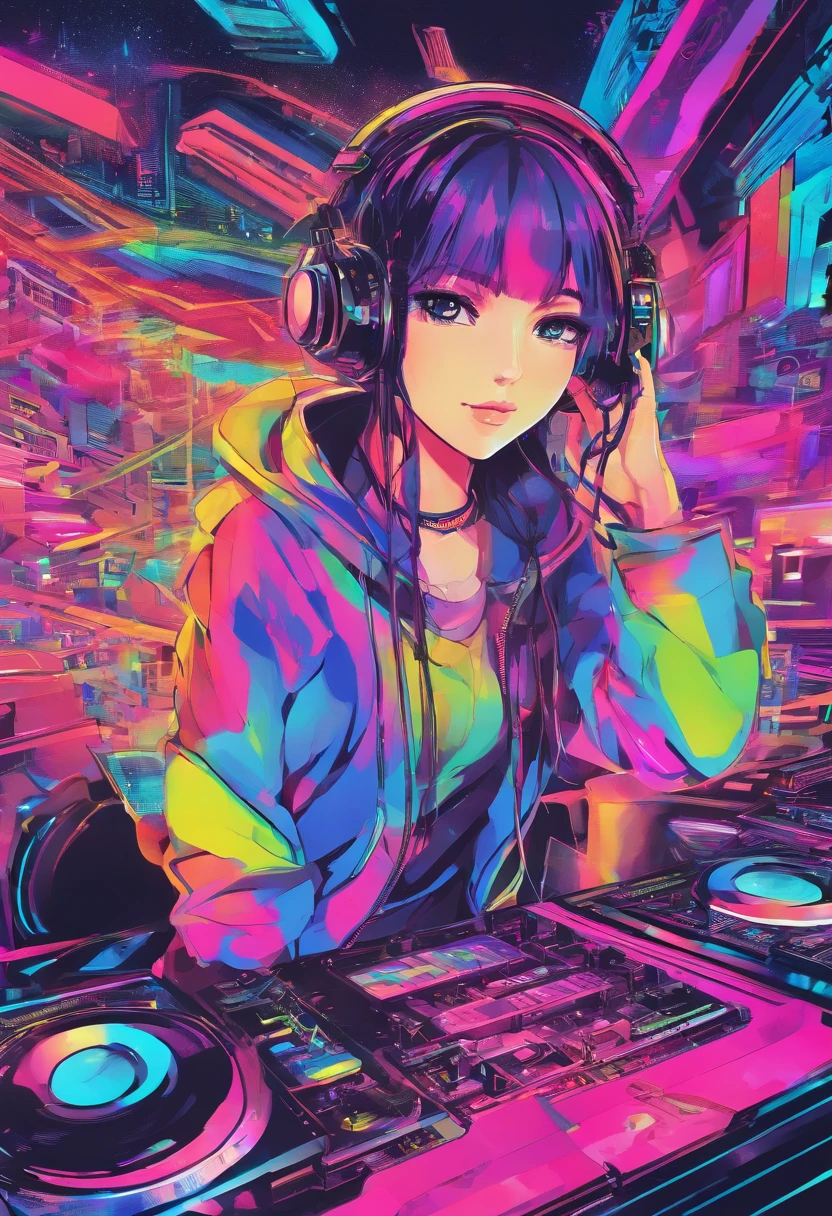 (hip hop scene) a very hip hop confidant badass arrogant cocky boss bitch attitude girl dj djing at a trippy neon trance UV lit rave 民家, みんか