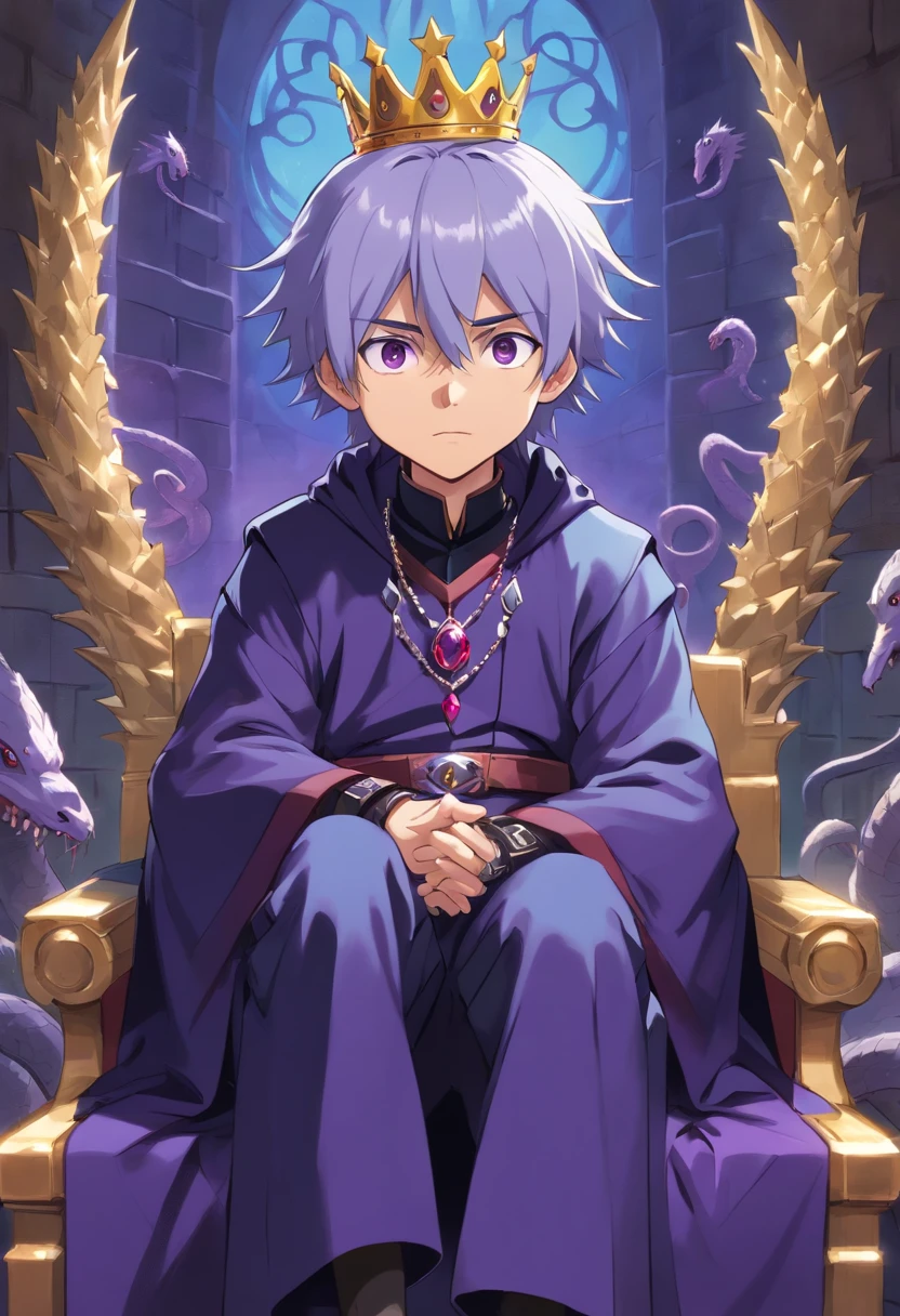 1boy, teenage, long hair, messy hair, purple eyes, sad, evil eyes, black robes, noble, magic, magic gems, snakes, looking at viewer, evil, boots, full body, hand in pocket, magical, jewellery, silver jewellery, {{sitting on a throne}}, crown, royal attire, intricate details, shiny, purple clothes, spiky hair, silver crown, emotional