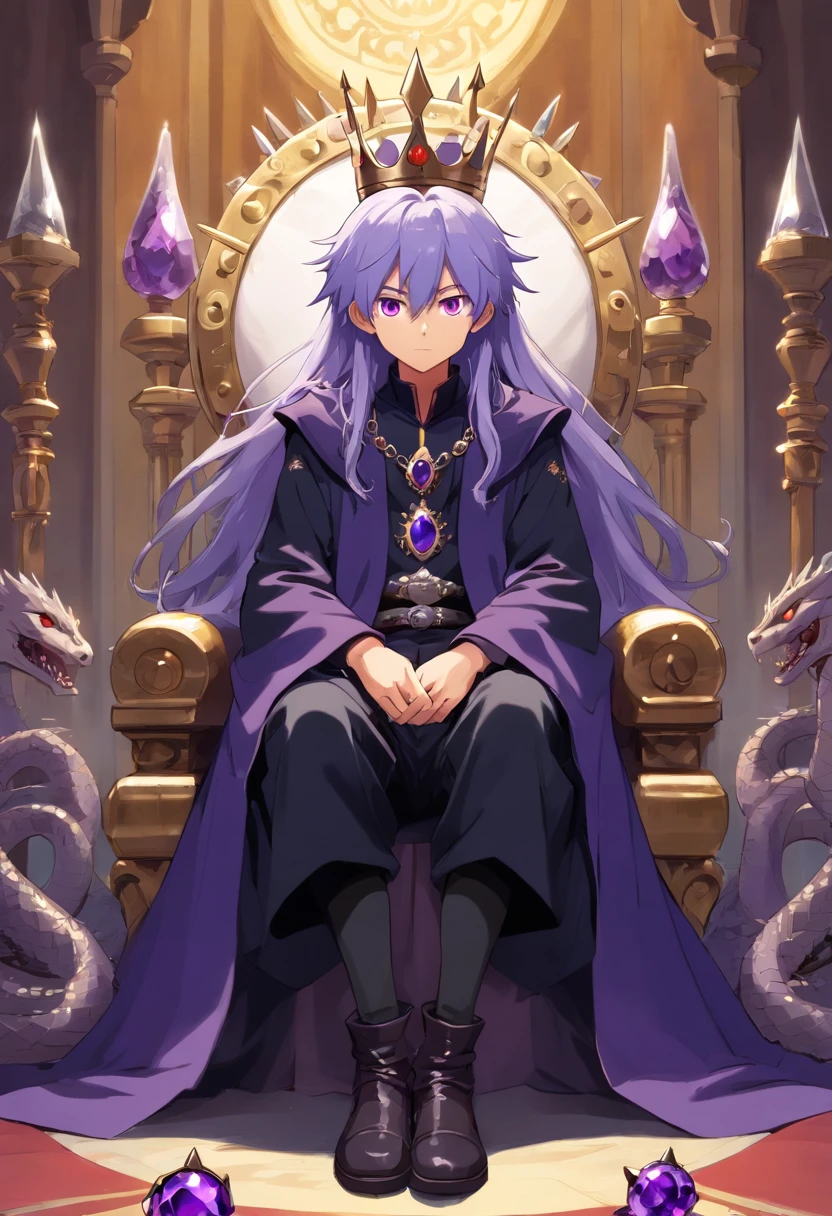 1boy, teenage, long hair, messy hair, purple eyes, sad, evil eyes, black robes, noble, magic, magic gems, snakes, looking at viewer, evil, boots, full body, hand in pocket, magical, jewellery, silver jewellery, {{sitting on a throne}}, crown, royal attire, intricate details, shiny, purple clothes, spiky hair, silver crown, emotional