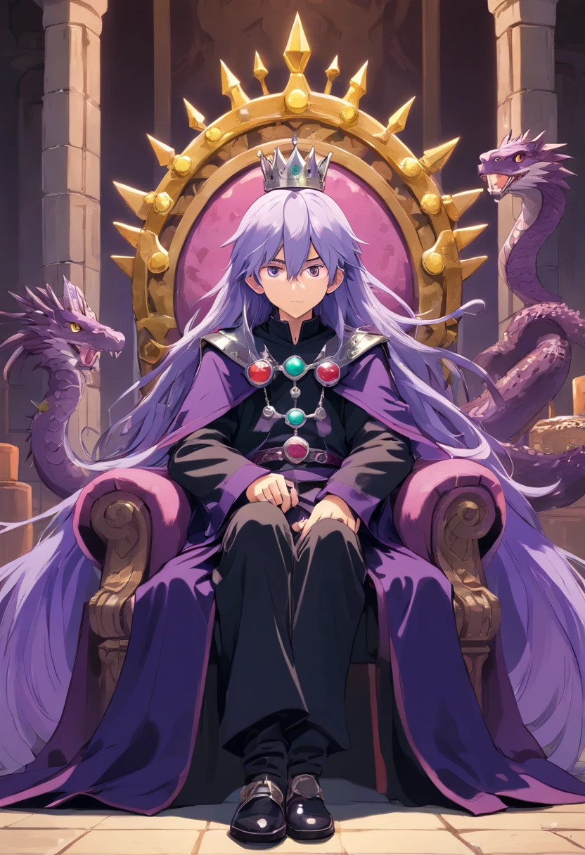 1boy, age, long hair, messy hair, purple eyes, sad, evil eyes, black robes, noble, magic, magic gems, snakes, looking at viewer, evil, boots, full body, hand in pocket, magical, jewellery, silver jewellery, {{sitting on a throne}}, crown, royal attire, intricate details, shiny, purple clothes, spiky hair, silver crown, emotional