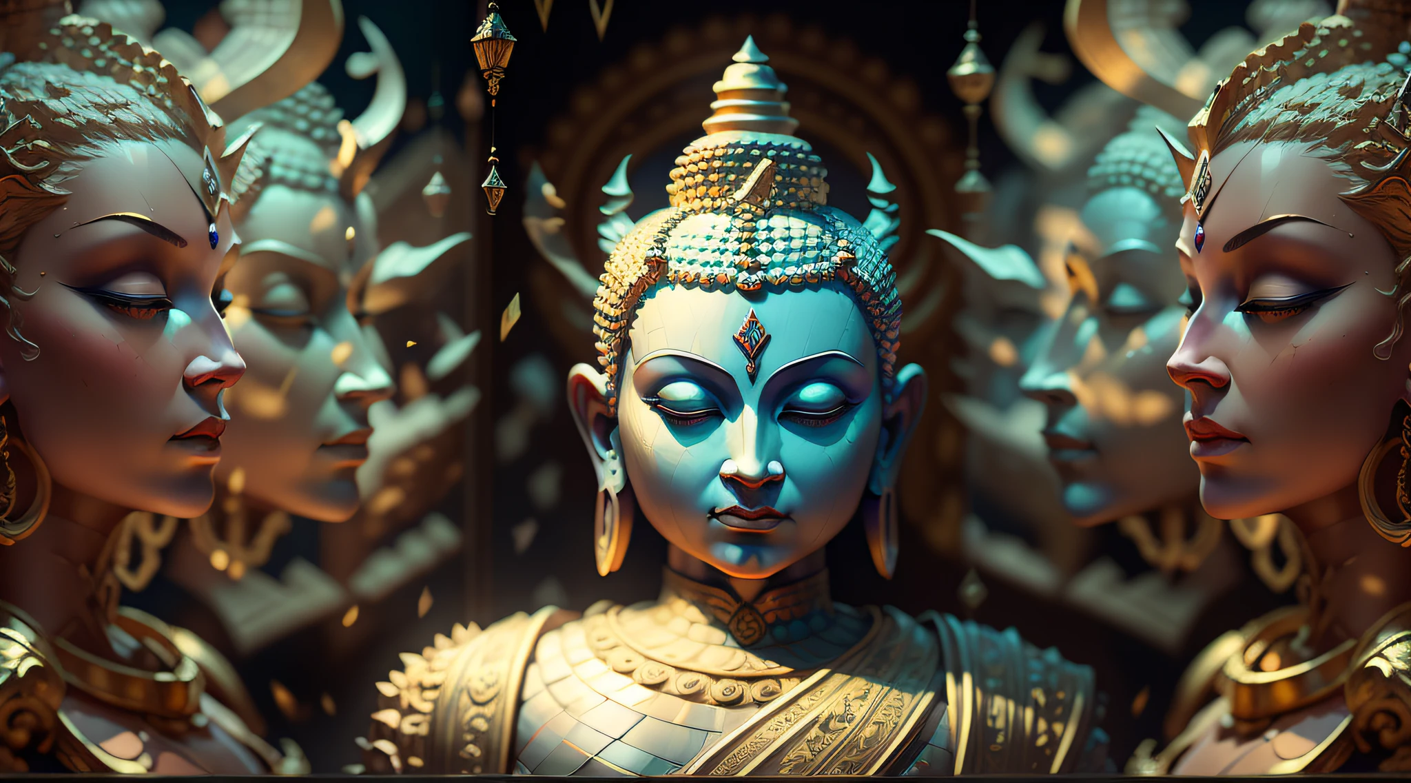 ((Best quality)), ((Masterpiece)), ((Realistic)), Half Buddha，Half devil,Gradual collapse，Scattered into pieces，littered， Clear focus, studio photo, Complicated details, The is very detailed, Detailed eyes, illustratio, The is very detailed, Clear focus, A digital rendering, professinal, 4K，8K，16k