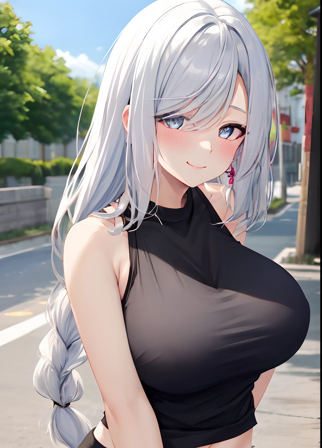 black tank top, pink bra, big breast, , white hair, upper body, smile, blush, outdoors, day, simple background, blue sky, long hair, sky, temple, looking at viewer, , white tank top, ahegao