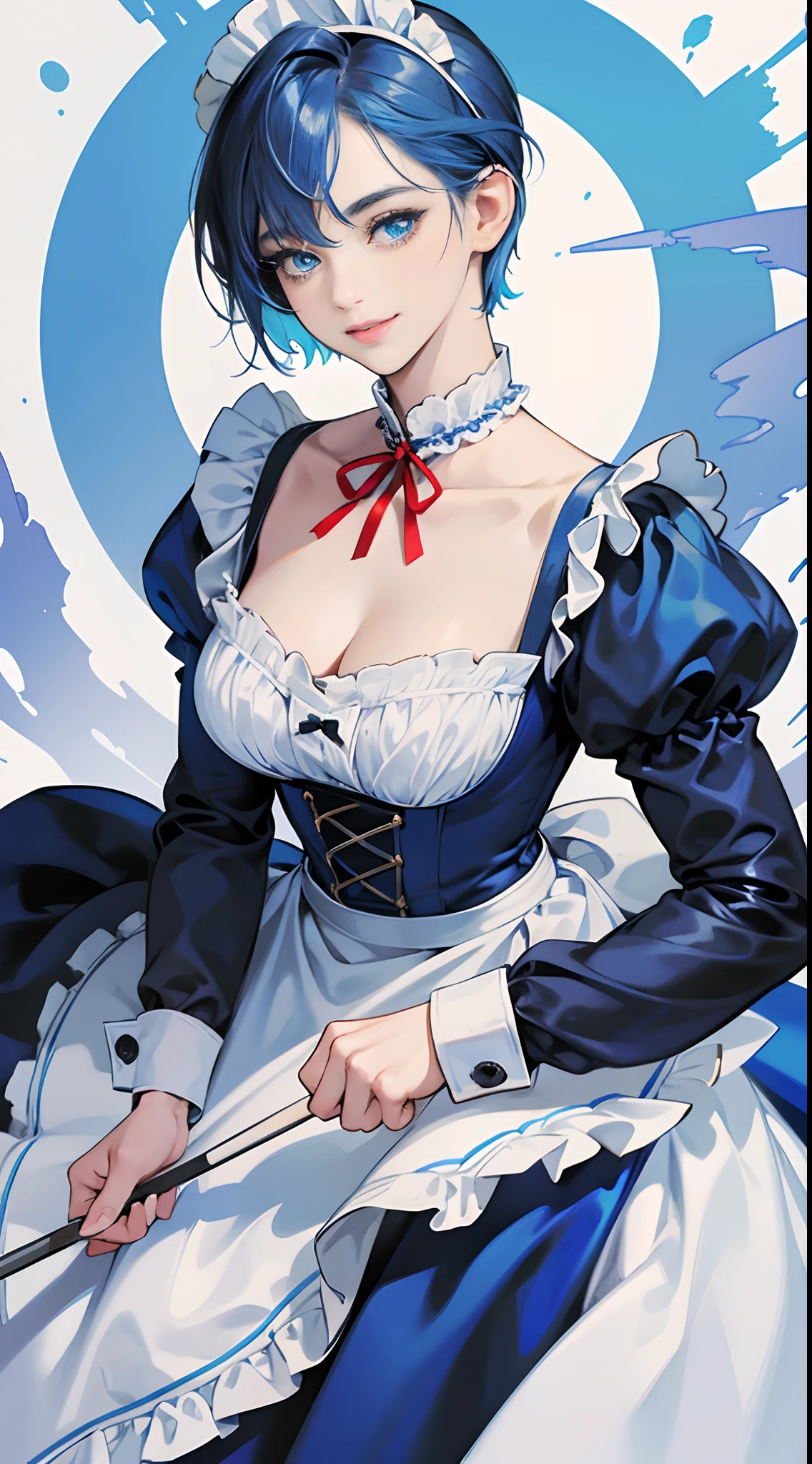 (Best Quality,4K,High resolution),Blue Maid Clothes,long-sleeve,Colossal tits,White and blue color scheme,Long skirt with ruffles,maid apronl,Bell and red ribbon at collar.....,Collar decoration,Delicately drawn illustrations,Vivid color scheme,colourfull,Realistic depiction,charicature,Neat and clean figure standing neatly,a 20 yo woman,Beautie,Maids,Blue Maid Clothes,Blue short hair,Bery short hair,Very short,The hair on the side is bouncing,kindly smile,blue eyess,adult lady,Delicately expressing realistic illustrations,Glittering and glamorous background