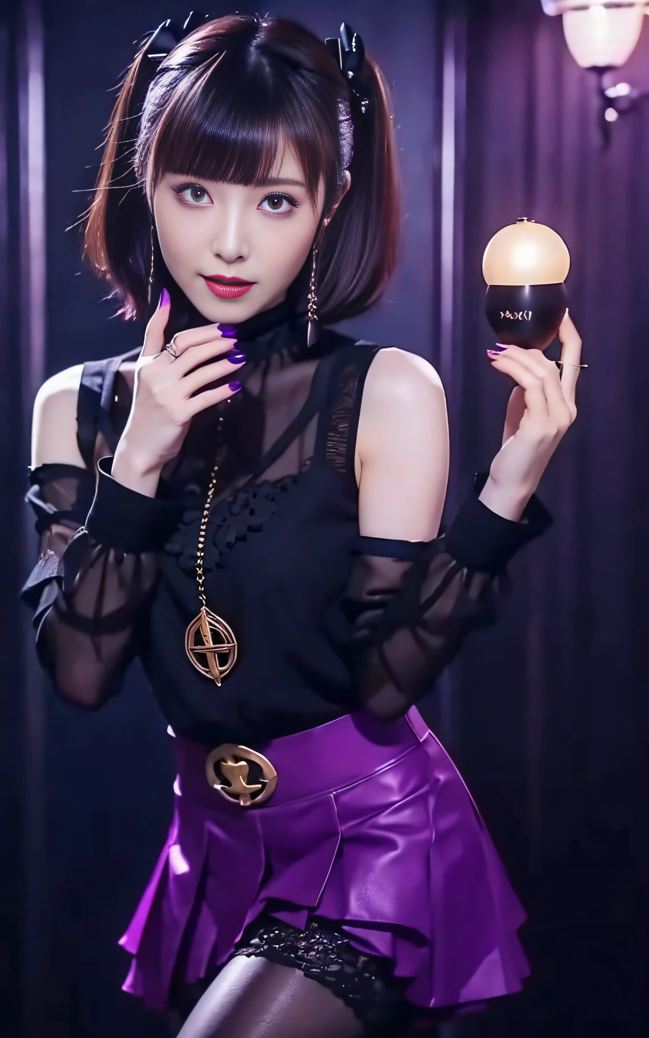Charming Japanese style beauty、Brown hair、Evil Female Executive、Night city、Move ki、The Darkness、seductiv、Brainwashed、Retrofit equipment、Evil Fall、wicked、darkness、Purple Eyeshadow、black pantyhose、Black pleated skirt、Dark