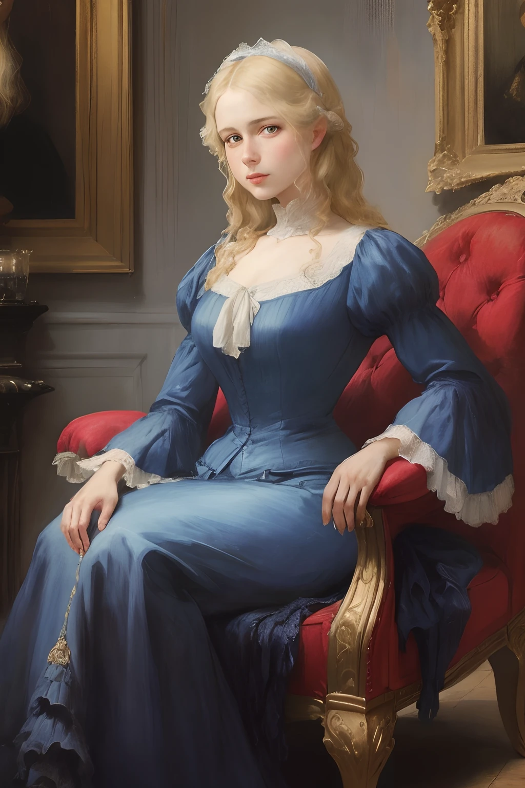 painting of a woman in a blue dress sitting on a red chair, a portrait by Sir William Orpen, flickr, fine art, e. h. beatrice blue, portrait of a female model, carl critchlow. moody, portrait of a blonde woman, style of lady frieda harris, young woman in a dress, henry meynell rheam