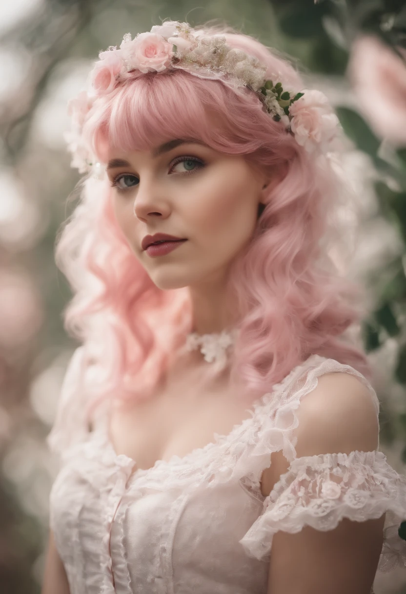 Super delicate cute girl in a Lolita dress with pink hair. 8K Ultra High Definition, Delicate texture, Pure white background.