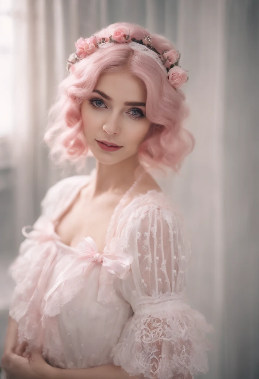 Super delicate cute girl in a ta dress with pink hair. 8K Ultra High Definition, Delicate texture, Pure white background.