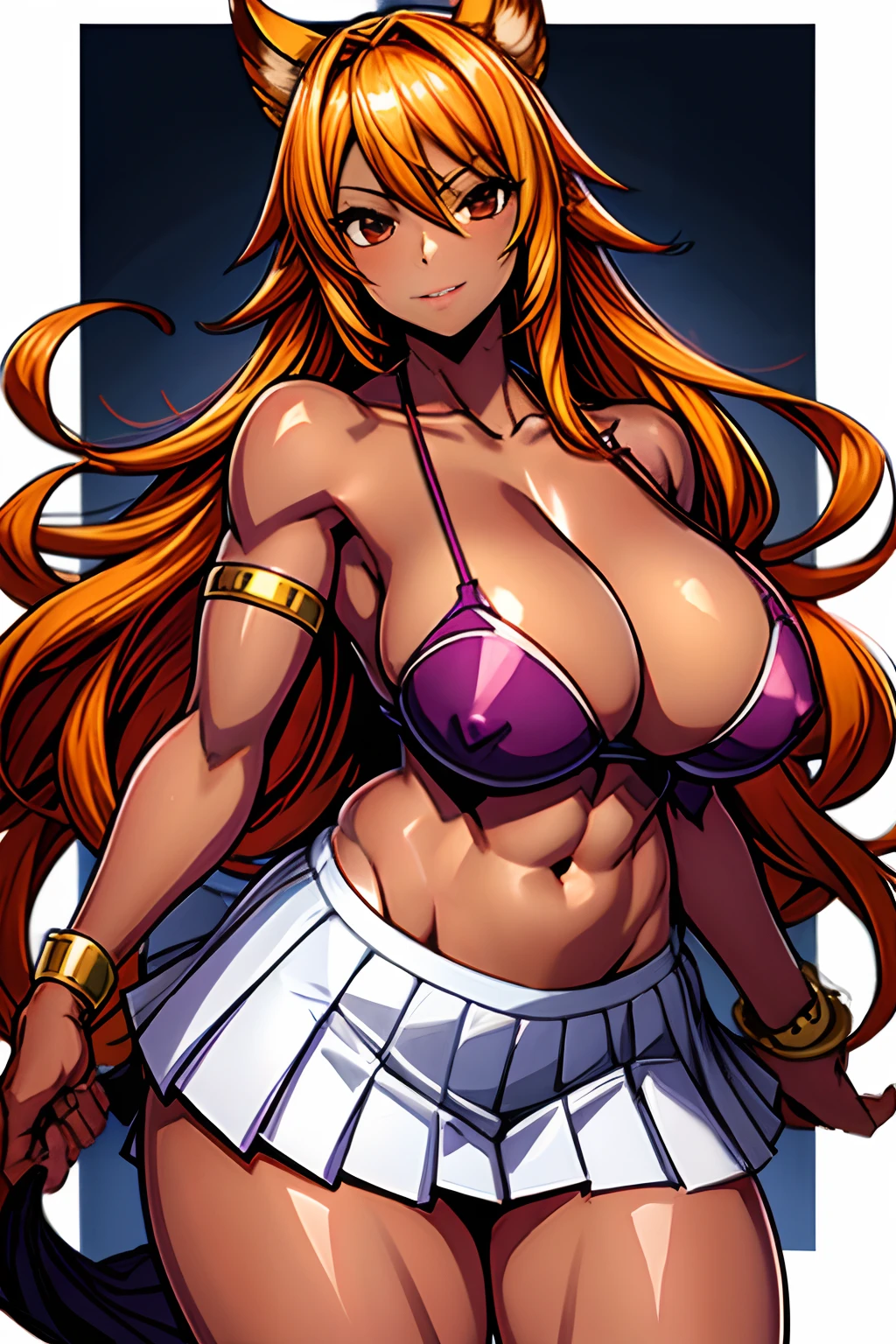 Huge BIG Chest Split Abs Thick Thighs Pleated Skirt Super Long Hair Blonde Red Eye Shadow Dark Skin Kunekune