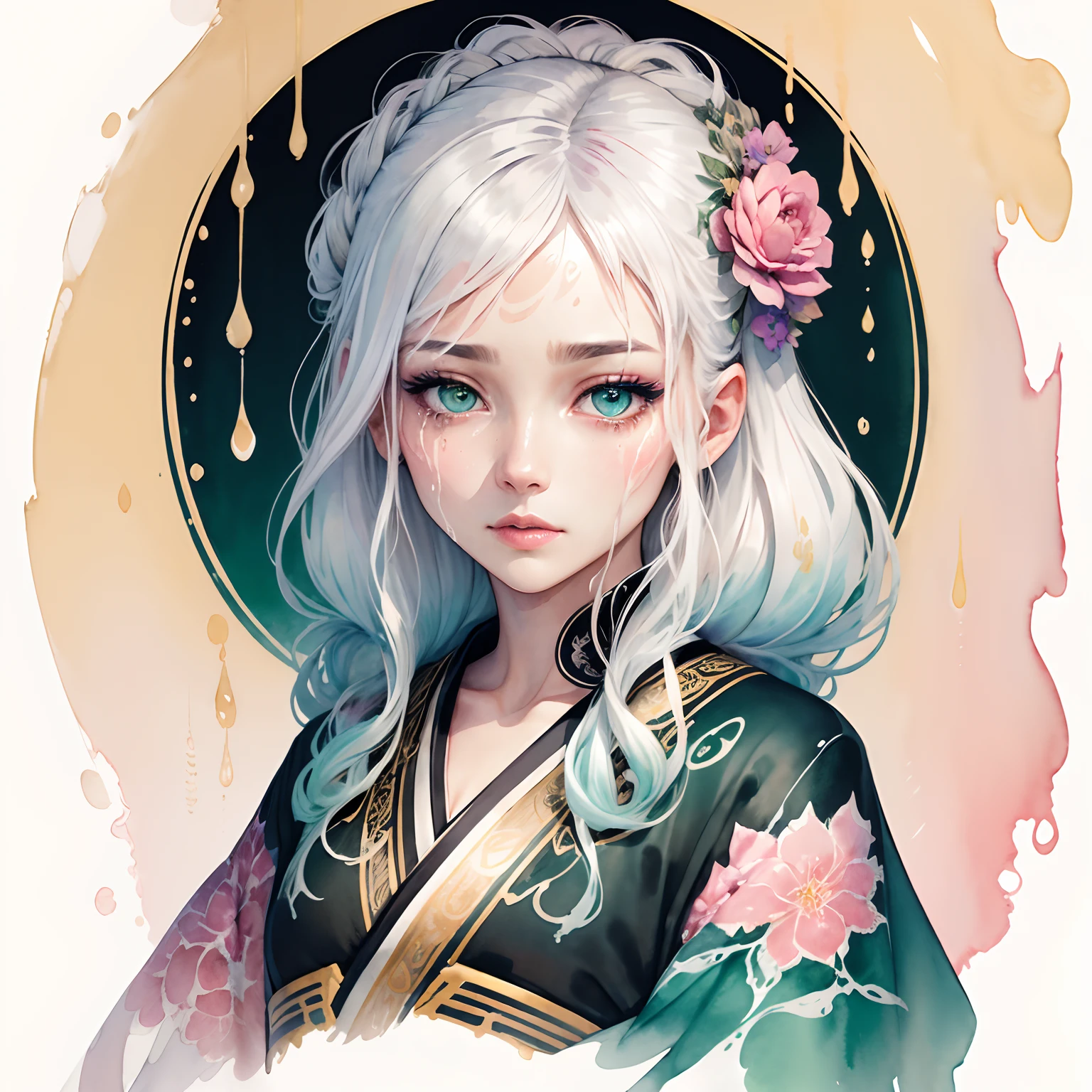 (Rough handmade sketch) attractive, intricate and very detailed line art, watercolor illustration of female head with golden ornament, floral dark kimono, tetradic color, colorful and very detailed dark green eyes, beautiful eyes, pink hair, straight long hair, overall watercolor-like texture, perfectly centered image, (white background with watercolor splash), Focus on face line, (((dripping watercolor)) ink contour, 32K, highest quality , high-quality eyes