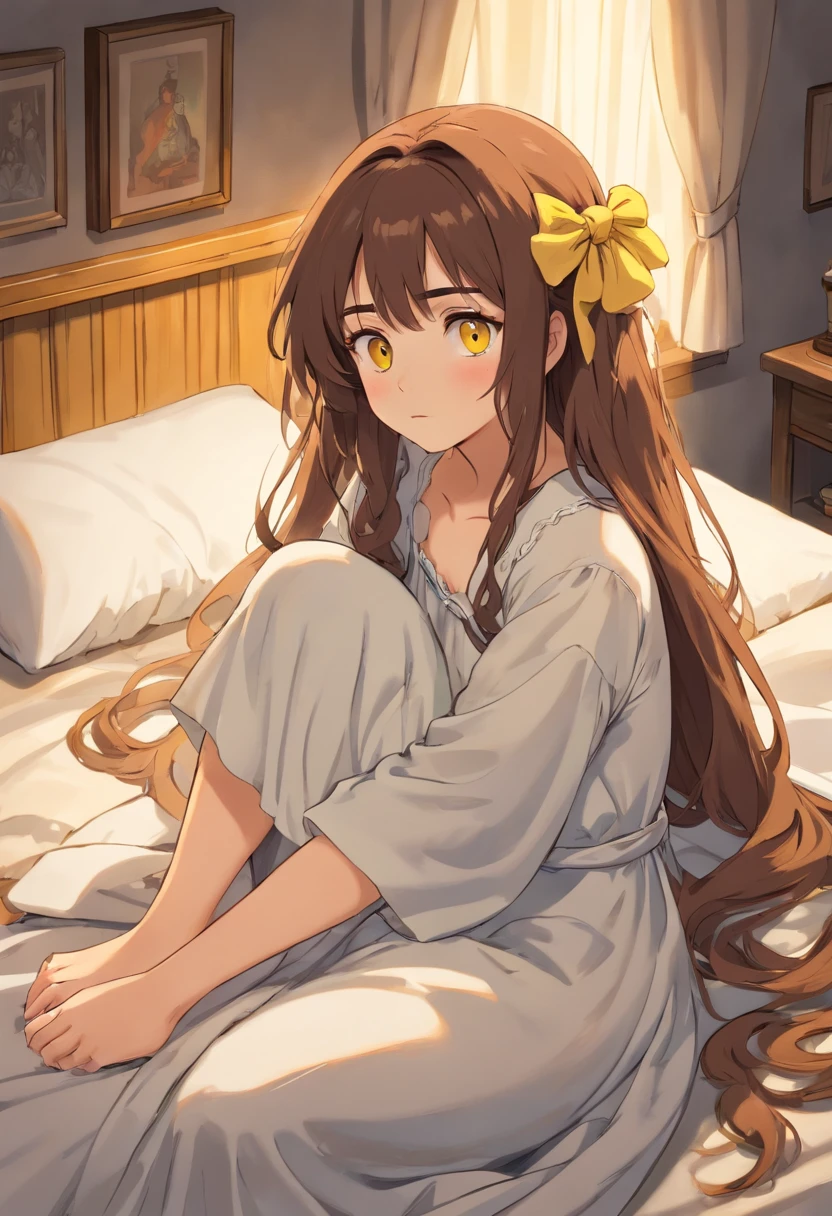 1girl, brown hair, slightly realistic, yellow eyes, sitting in bed, bedsheets, nightgown, sad, medieval, messy hair, tired, {{ASCII art}}