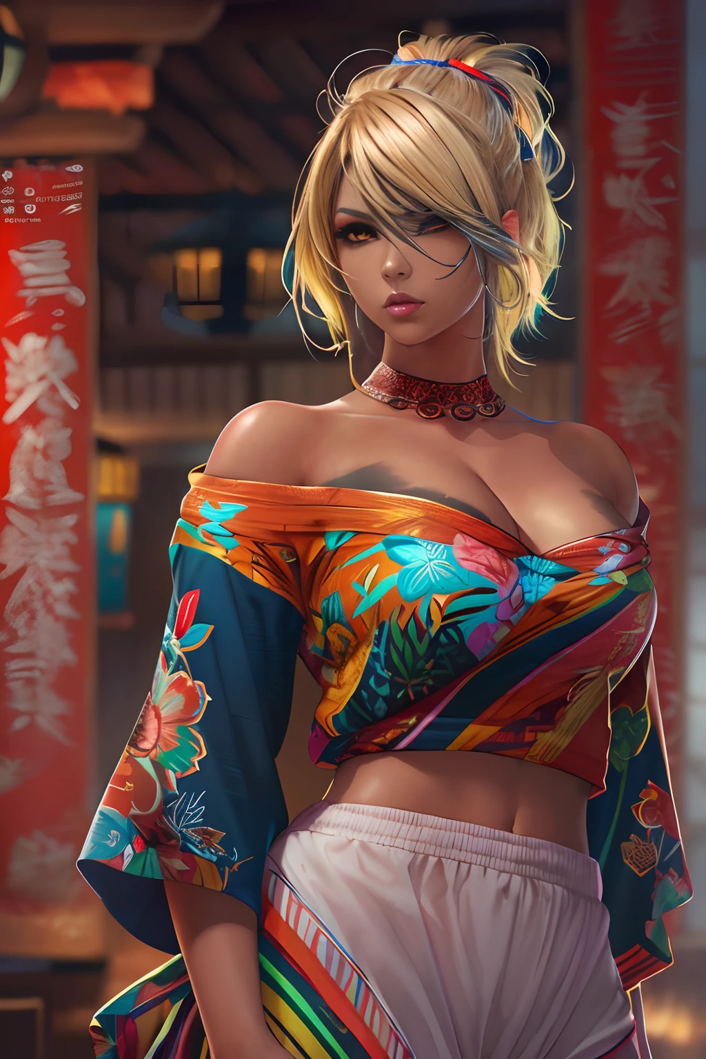 "(highres, HDR) Dark tanned skin, (vivid colors) flashy and prominent hairstyle, (dominant) blonde hair, (realistic) dark makeup, (intense) thick eyeliner, (vivid colors, sharp focus) red eyeshadow, (realistic, detailed) big eyes, (vivid colors) mini skirt, (realistic) camisole, (vivid colors) flashy accessories, (voluptuous) big tits, (vivid colors) constricted waist, (voluptuous) big ass, (realistic, vivid colors) Nioh standing" His arms folded