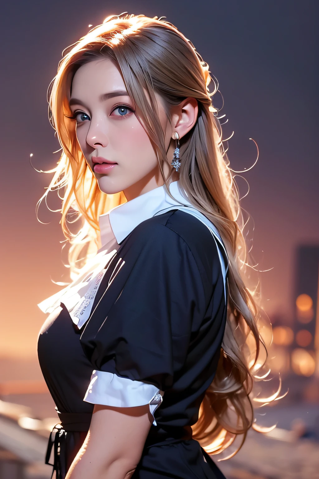 ((masutepiece)), ((Best Quality)), ((hight resolution)), ((Detailed background)), ((the Extremely Detailed CG Unity 8K Wallpapers)), Solo, Ziona, Blonde hair, Long hair, Blue eyes, Hair Tuft, Cowboy Shot, Outdoors, ((maid clothes))