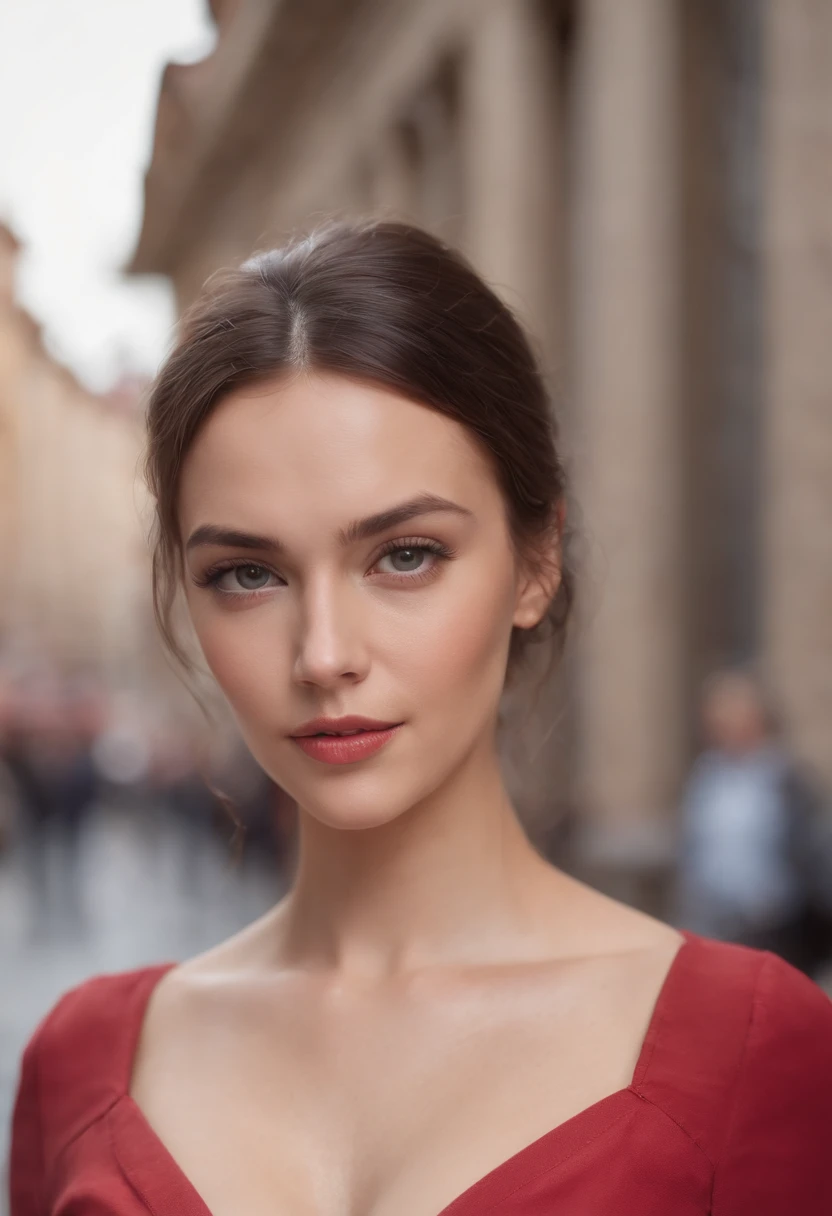 Woman with broken Jens, woman whose ass is visible, super sexy woman, beautiful and angelic woman, woman with great cleavage, woman in a red blouse, woman with big tits, woman walking down the street, 4k, hyperrealistic, perfect skin, perfectly detailed eyes