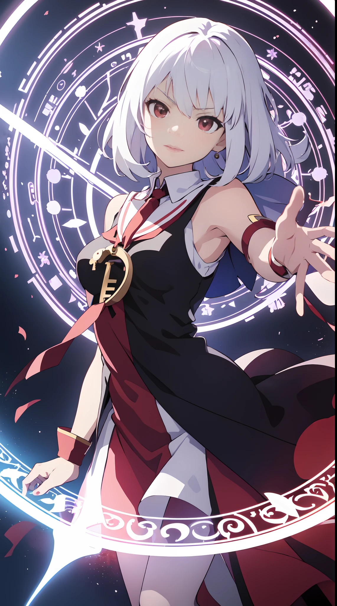 anime girl with white hair and red eyes holding a shield, magic circle, best anime 4k konachan wallpaper, white haired deity, zerochan art, anime art wallpaper 8 k, anime style 4 k, ufotable art style, detailed key anime art, anime art wallpaper 4 k, anime art wallpaper 4k, ryuko matoi, white haired, anime wallaper