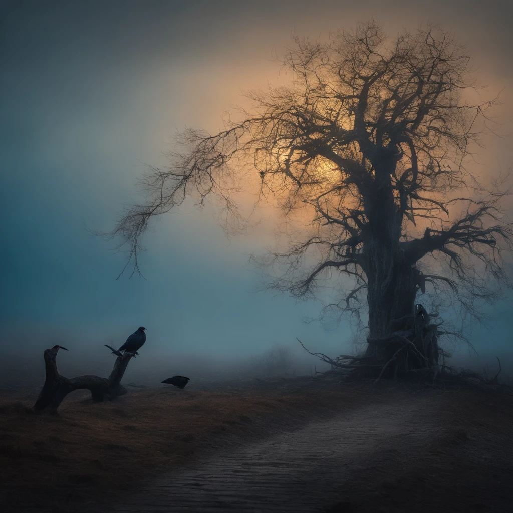 Two crows on a dead tree, A shadow shaped like a walker, Starry night, Thick fog on the ground, Blue light on the horizon, Unreal Engine 5, Cinematic, low angle photography, Motion blur, Depth of field, Dust, Cobblestones and dirt. Splash Art, dripping paint. Perfect color grading. Influenced by Karel Appel and Jeremy Mann, Full of dramatic and threatening scenes, Hyper-detailed, Beautiful, insanely details, Intricate details, editorial photography, shot with a 50mm lens, Depth of field, Tilt Blur, Shutter speed 1/1000, f/22. Lightmaps, Super bright