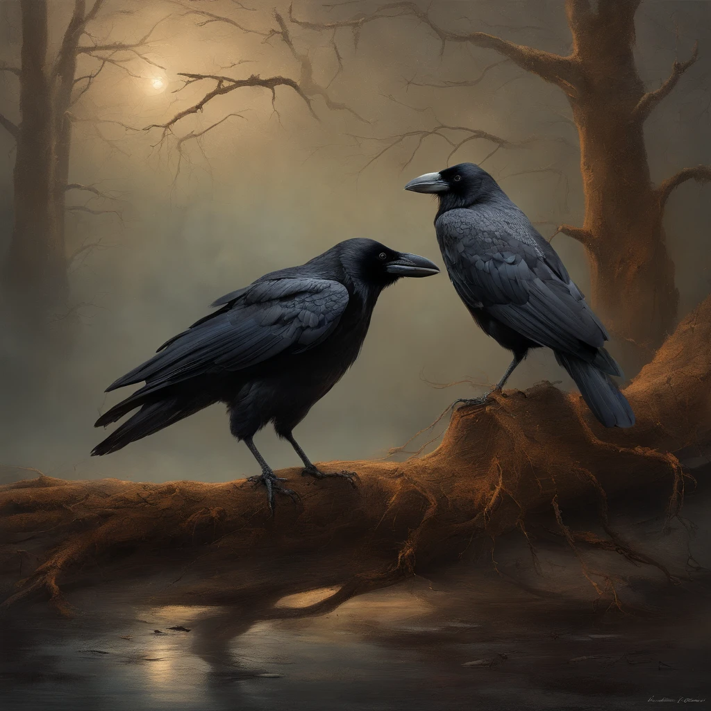 Two crows on a dead tree, A shadow shaped like a walker, Starry night, Thick fog on the ground, Blue light on the horizon, Unreal Engine 5, Cinematic, low angle photography, Motion blur, Depth of field, Dust, Cobblestones and dirt. Splash Art, dripping paint. Perfect color grading. Influenced by Karel Appel and Jeremy Mann, Full of dramatic and threatening scenes, Hyper-detailed, Beautiful, insanely details, Intricate details, editorial photography, shot with a 50mm lens, Depth of field, Tilt Blur, Shutter speed 1/1000, f/22. Lightmaps, Super bright