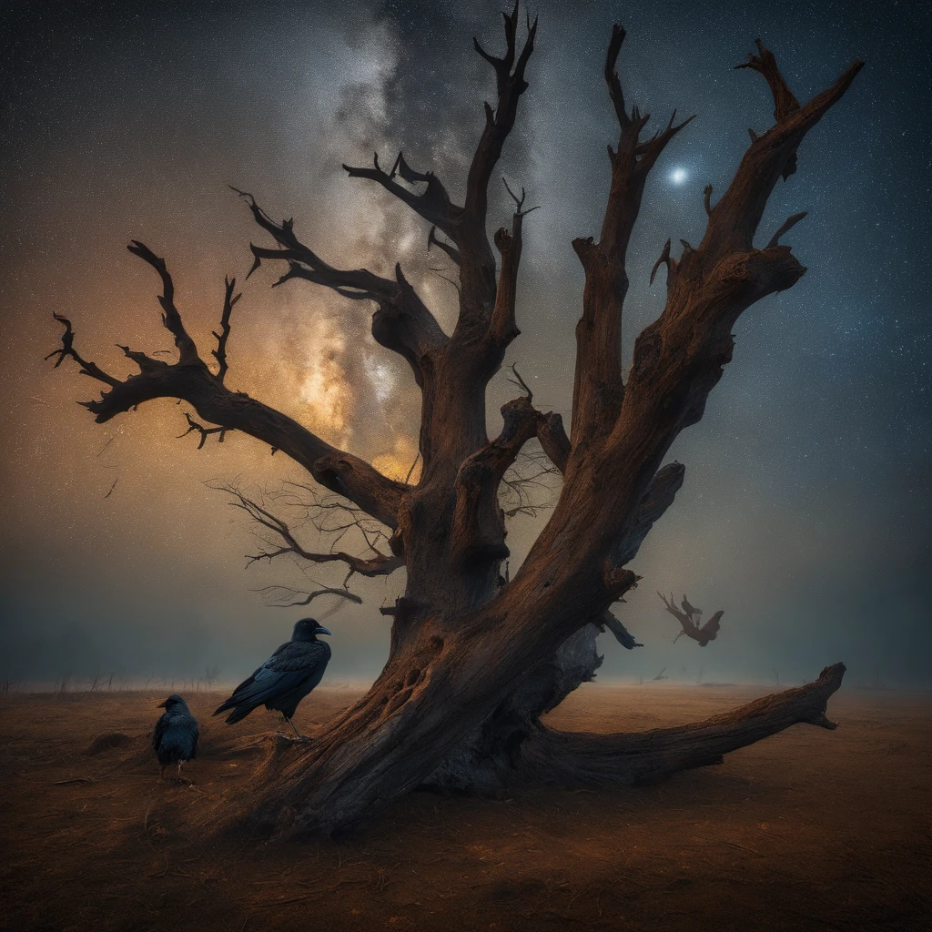 Two crows on a dead tree, A shadow shaped like a walker, Starry night, Thick fog on the ground, Blue light on the horizon, Unreal Engine 5, Cinematic, low angle photography, Motion blur, Depth of field, Dust, Cobblestones and dirt. Splash Art, dripping paint. Perfect color grading. Influenced by Karel Appel and Jeremy Mann, Full of dramatic and threatening scenes, Hyper-detailed, Beautiful, insanely details, Intricate details, editorial photography, shot with a 50mm lens, Depth of field, Tilt Blur, Shutter speed 1/1000, f/22. Lightmaps, Super bright