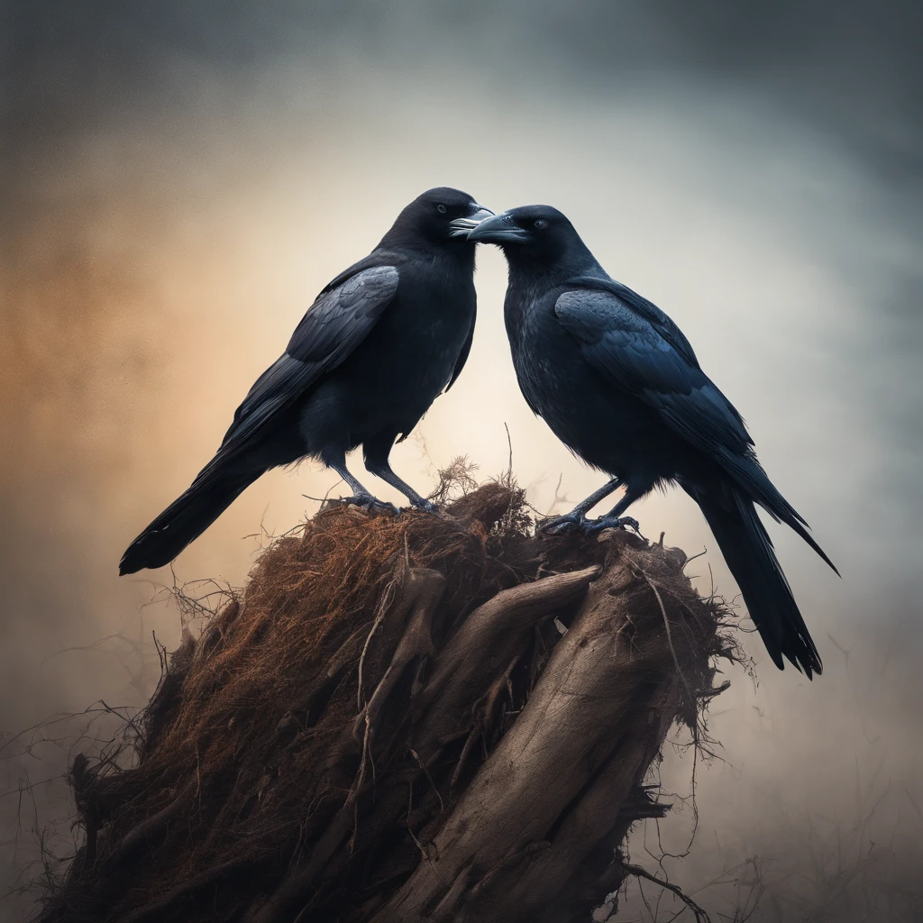 Two crows on a dead tree, A shadow shaped like a walker, Starry night, Thick fog on the ground, Blue light on the horizon, Unreal Engine 5, Cinematic, low angle photography, Motion blur, Depth of field, Dust, Cobblestones and dirt. Splash Art, dripping paint. Perfect color grading. Influenced by Karel Appel and Jeremy Mann, Full of dramatic and threatening scenes, Hyper-detailed, Beautiful, insanely details, Intricate details, editorial photography, shot with a 50mm lens, Depth of field, Tilt Blur, Shutter speed 1/1000, f/22. Lightmaps, Super bright