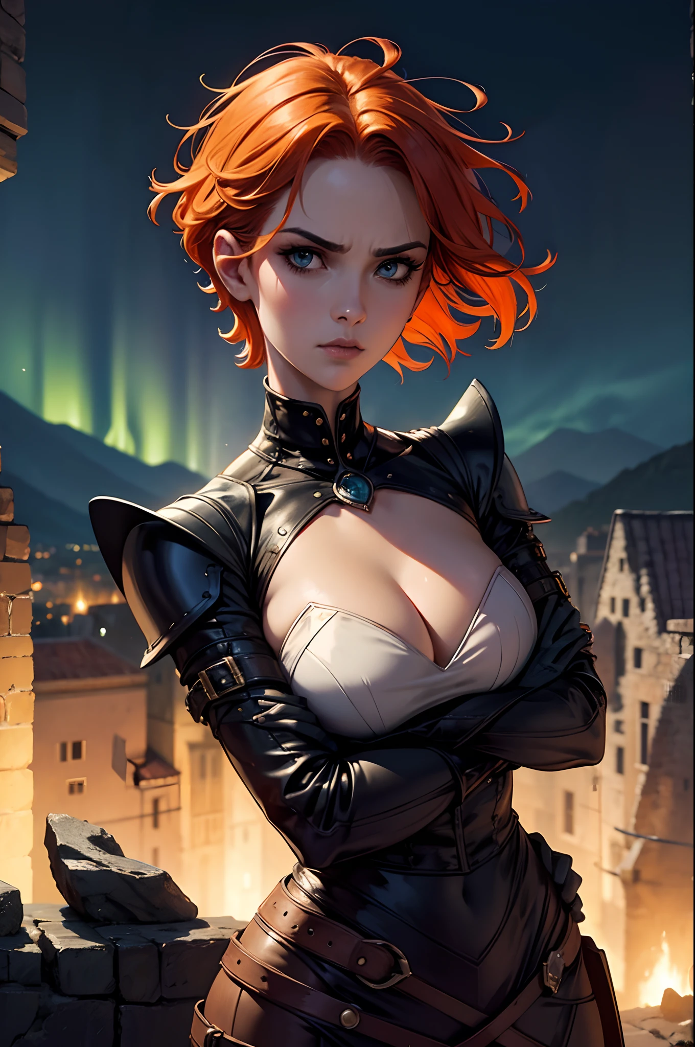 A beautiful and wonderful woman with short orange hair with gothic armor medieval moon city, dramatic scene, 8k, magnifica, on top of a tall rock and behind a crowded city, manto, capa, vestir, 8k, Magnificent, fluttering cover, Standing and arms crossed, aurora, temporada de inverno, manto, dramatic scene, Magnificent cute, 8k, serious facial expression.