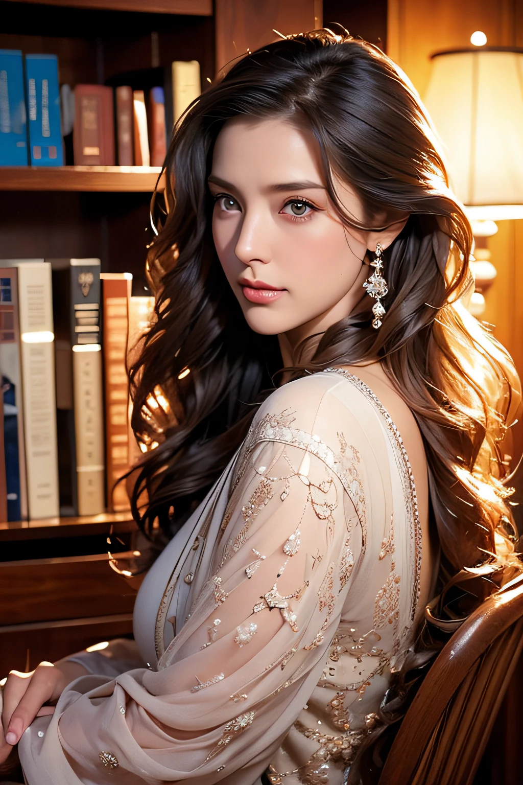 Photo of a 75-year-old man, Beautiful brunette ((Model)) Christian Pastor, Sit back and look forward, Light brown eyes, Wavy Hair, Very impressive, Characteristics of security and elegance, ((Parrit often wears on his side)), (Hypnotized), Very detailed face, Beautiful eyes, [good],Apparently there is a Bible and books behind the bookshelf, lovely,  (Rembrandt lighting), ZEISS lens, A hyper-realistic, (highly detailedskin: 1.2), 8K UHD, Digital SLR, Dramatic Rim light, High quality, 富士XT3,