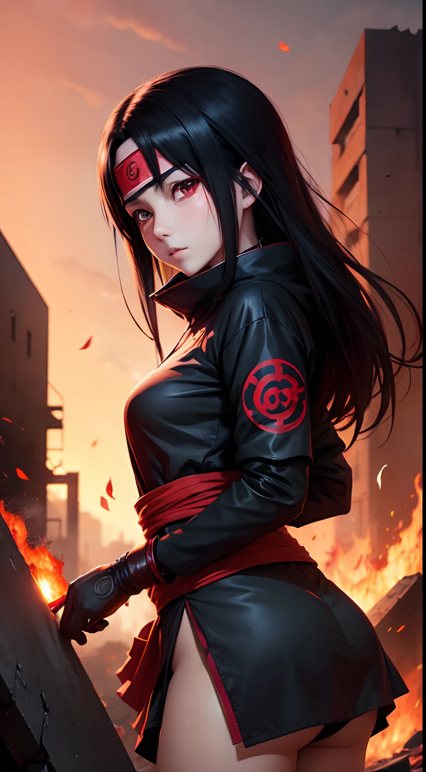 Uchiha Itachi delicate upper body Sharingan, anime girl, uchiha, high-quality, 8k, ruins background, burning ruins background, fire everywhere background, Akatsuki tight suit, Akatsuki symbol, black hair