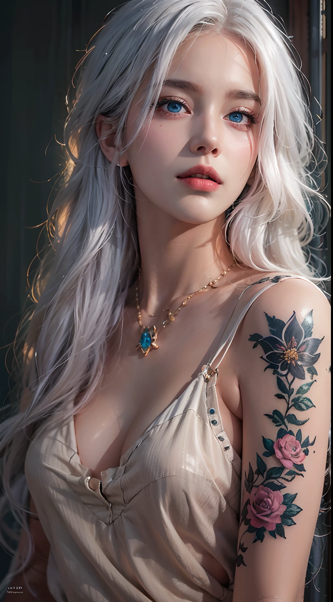 photorealistic, high resolution, soft lights, 1women, 25 years old, solo, hips up, blue eyes, white hair, long hair, pink lips, black dress, hips up, jewelry, tattoo
