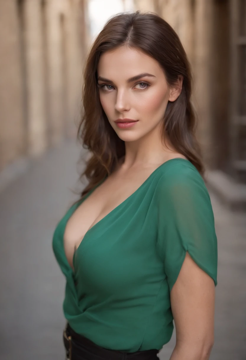Woman with broken Jens, woman whose ass is visible, super sexy woman, beautiful and angelic woman, woman with great cleavage, woman in a green blouse, woman with big tits, woman walking down the street, 4k, hyperrealistic, perfect skin, perfectly detailed eyes