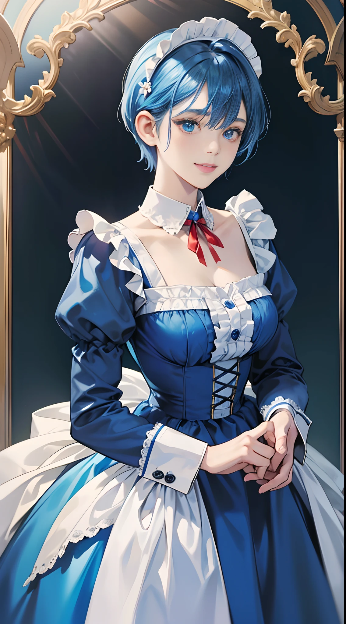 (Best Quality,4K,High resolution),Blue Maid Clothes,long-sleeve,Colossal tits,White and blue color scheme,Long skirt with ruffles,maid apronl,Red ribbon with a bell on the collar.,Collar decoration,Delicately drawn illustrations,Vivid color scheme,colourfull,Realistic depiction,charicature,Neat and clean figure standing neatly,a 20 yo woman,Beautie,Maids,Blue Maid Clothes,Blue short hair,Bery short hair,Very short,The hair on the side is bouncing,kindly smile,blue eyess,adult lady,Delicately expressing realistic illustrations,A background with countless gorgeous and luminous lights