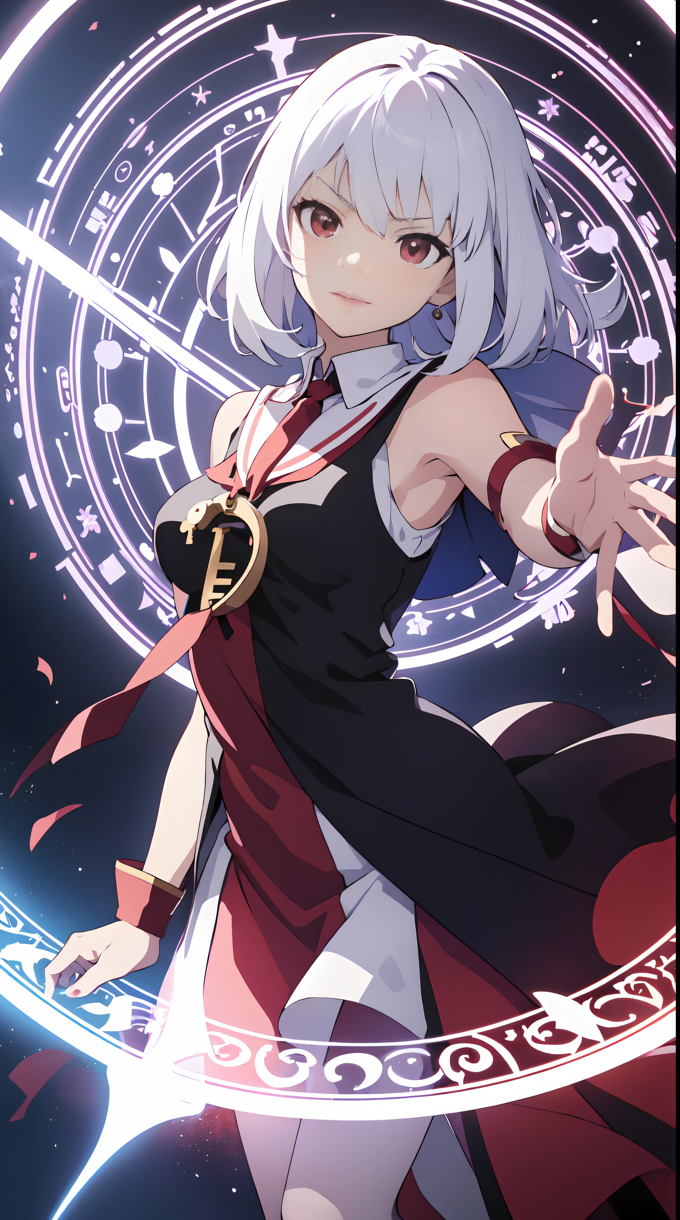 anime girl with white hair and red eyes holding a shield, magic circle, best anime 4k konachan wallpaper, white haired deity, zerochan art, anime art wallpaper 8 k, anime style 4 k, ufotable art style, detailed key anime art, anime art wallpaper 4 k, anime art wallpaper 4k, ryuko matoi, white haired, anime wallaper