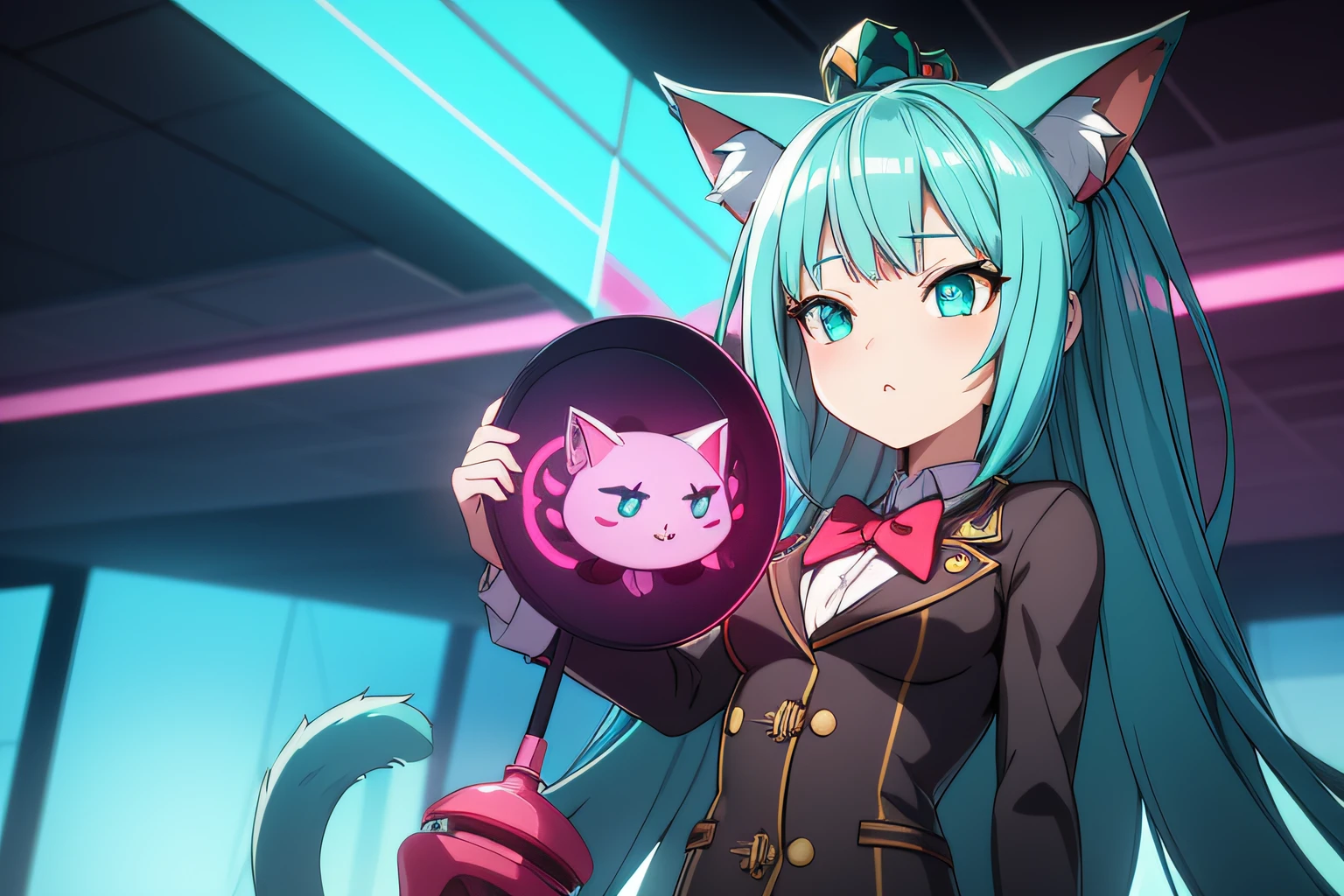 a 3d render of a game character, a cute small (chibi:0.8) anthropomorphic cat, crown, teal, fluffy, cg, colonial suit, unity render, cat eyes, large eyes, blender, octane render, hyper detail, hyper focus, simple background, gradient background, high performance, high poly count, extreme quality, uhd, 8k, aaa, (neon highlights), steampunk