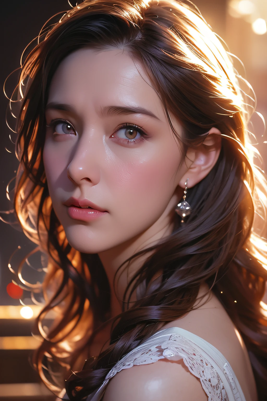 ((Masterpiece with up to 16K resolution:1.6)), beautiful, top quality, exquisite, highly detailed, super high resolution, masterpiece, realistic, photorealistic, deep depth of field, 
cinematic light, 
One elegant MILF, long dark hair, beautiful face, highly detailed facial expression, kind facial expression, clear white skin, very delicate skin texture,
Long dark hair, Beautiful face, Very detailed facial expression, Gentle facial expression, Clear white skin, Very delicate skin texture, Excellent proportions, Anatomically correct body, 
Elegant high-leg swimsuit, pure white color, detailed fabric texture,
black background,
Focus on upper body,((Face close-up:1.5)),