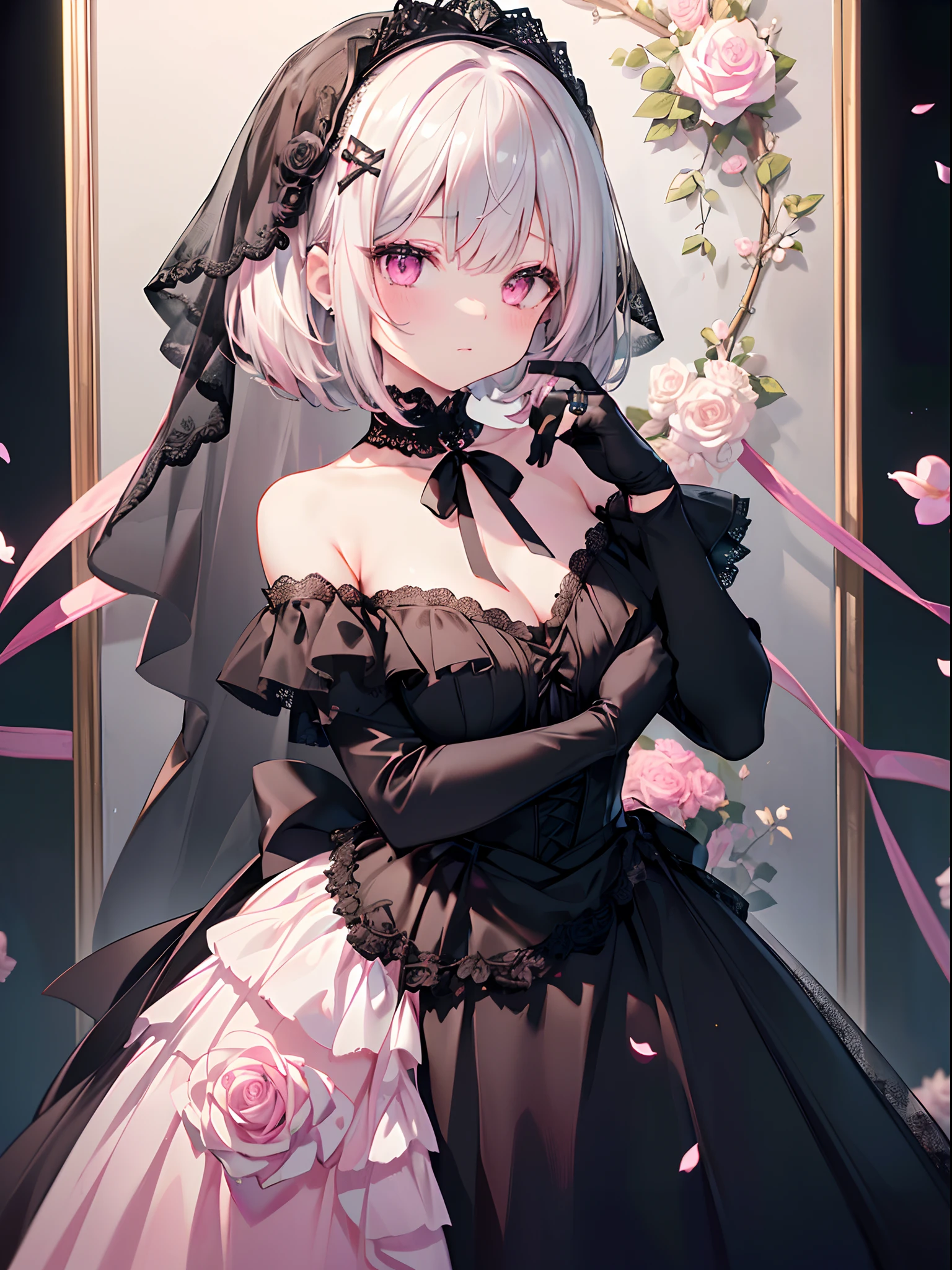 (Best Quality,4K,High resolution,Black Wedding Dresses,Pink ribbon,Black Hair Accessories,Black lace,silver blond hair,bob cuts,Pink eyes,Off-shoulder,chies,Soft smile,Large bust,Wedding Gloves,Pink roses,Standing Pose,Mole under the eyes,small nose、Ring on ring finger)