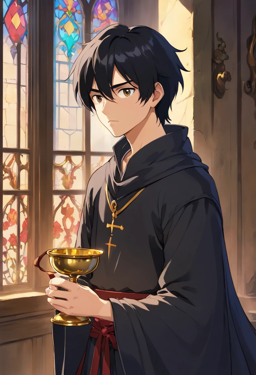 1male, young, moody, sad, {holding a chalice}, upper body focus, black clothes, medieval, noble, in front of a window, black hair, black eyes, pale skin, messy hair, {birthmark on face}, {{Avant-Garde}}