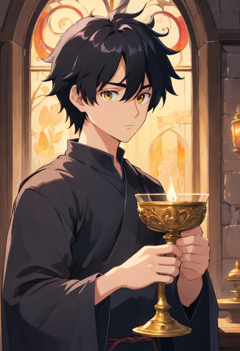 1male, young, moody, sad, {holding a chalice}, upper body focus, black clothes, medieval, noble, in front of a window, black hair, black eyes, pale skin, messy hair, {birthmark on face}, {{Avant-Garde}}