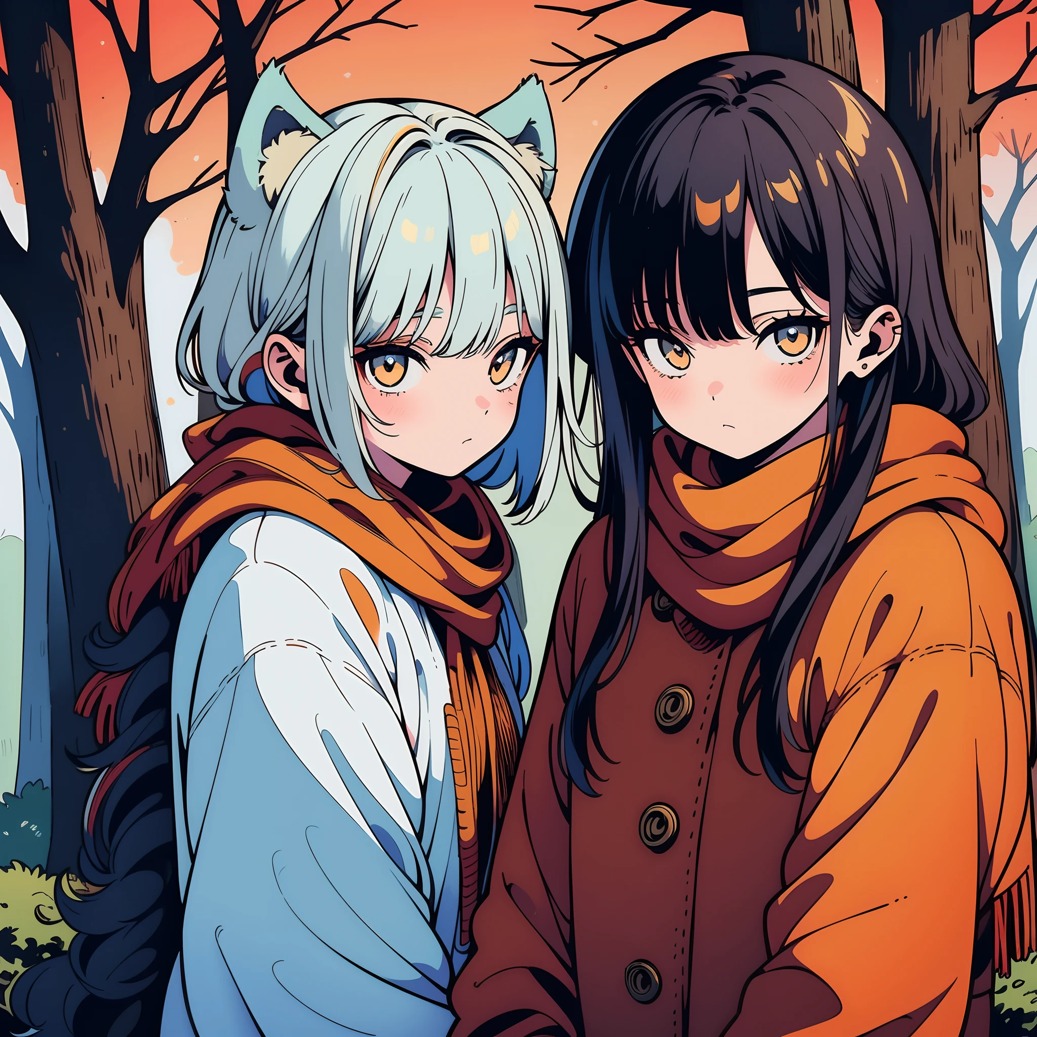 (top-quality masterpiece) season for autumn autumnal Colored leaves Under the tree with autumn leaves Feeling autumn Beautiful tree The tree leaves autumn There is one girl under the tree The girl has light blue hair and wolf hair She is wearing a cute jacket and a scarf. The muffler is white I'm looking at you coldly.