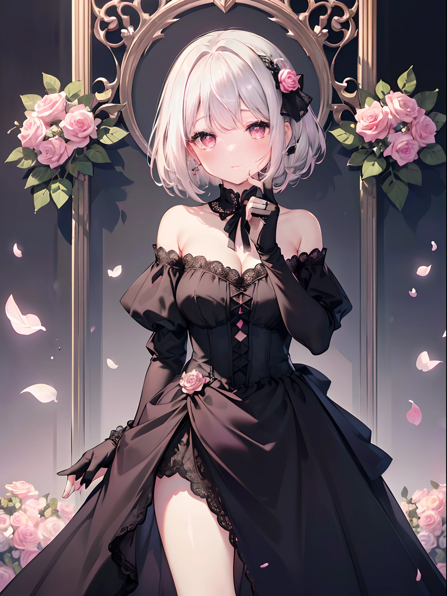 (Best Quality,4K,High resolution,Black Wedding Dresses,Pink ribbon,Black Hair Accessories,Black lace,ash blond hair,Medium Hair,bob cuts,Pink eyes,Off-shoulder,chies,Soft smile,Large bust,Wedding Gloves,A red rose,Standing Pose,Mole under the eyes)