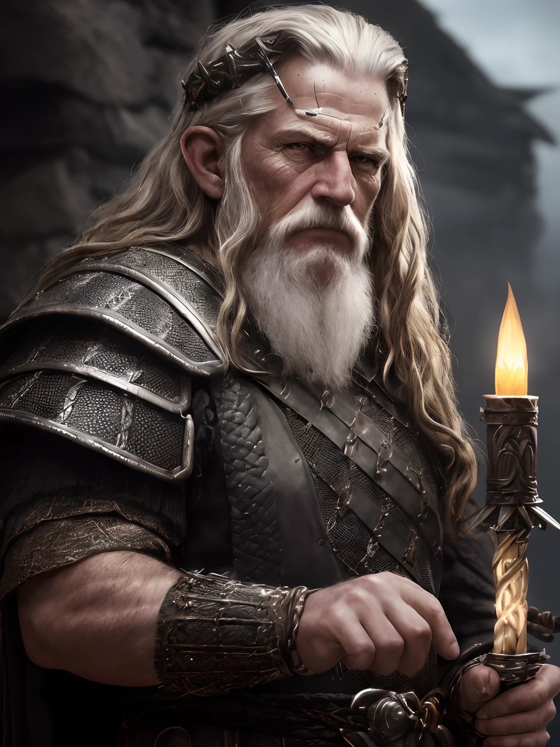 (Highest quality:1.3), cinematic shot, masterpiece, (sharp focus:1.5), (photorealistic:1.3),  medium portrait of (a weary-looking but still proud and fierce-looking old Viking warrior, now the leader of his village, dressed in elaborately detailed chain mail and leather armour, a few torches burn on the walls, giving the scene a dark atmosphere but sculpting the forms in sharp chiaroscuro), it is night time, (highly detailed skin),  (detailed face), detailed background, dark lighting, twilight lighting, volumetric lighting,  intricate details, UHD,