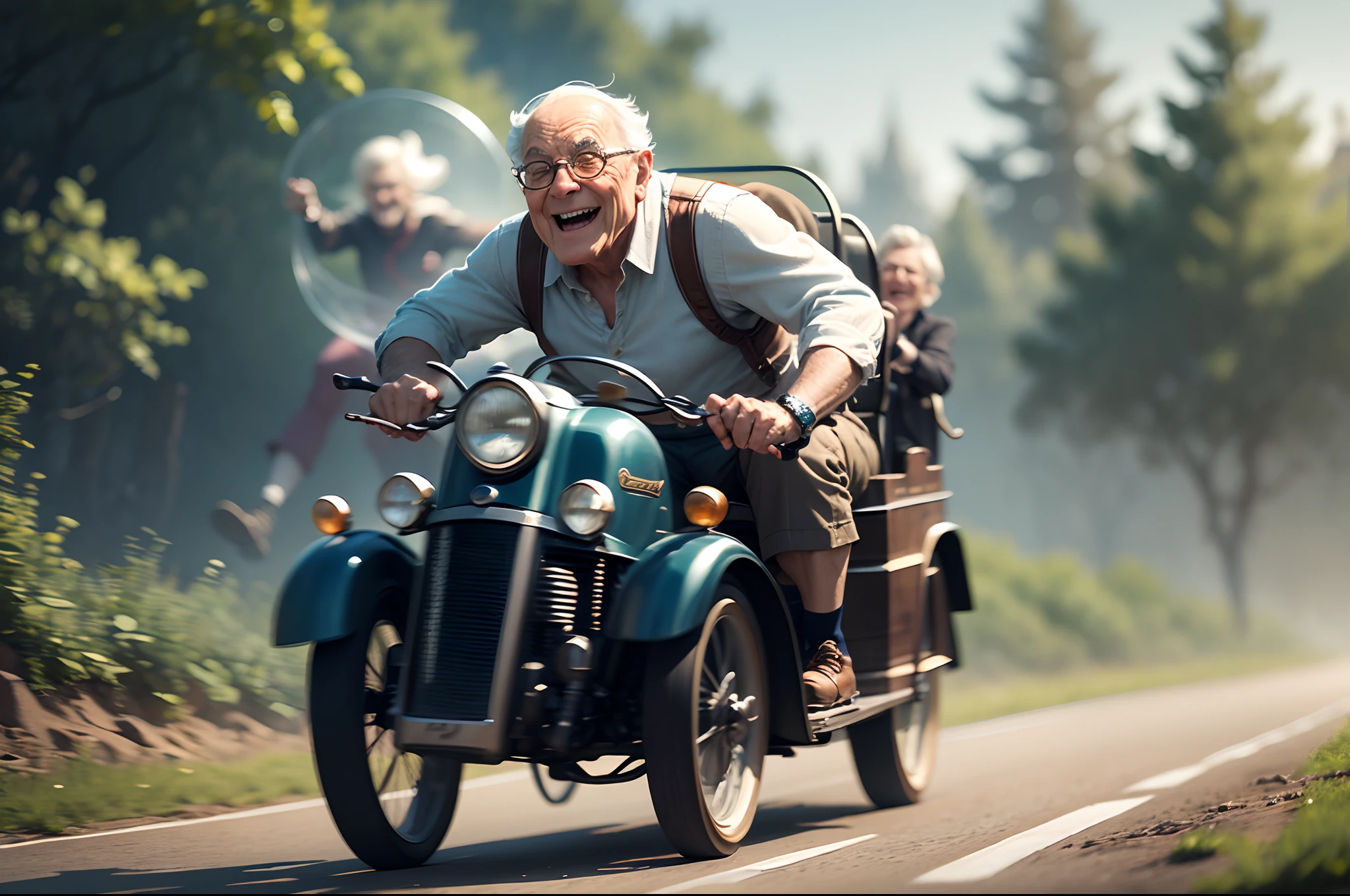 Time machine in the style of Disney Pixar. a duo of funny elderly inventors racing against time to fix a time gap. They laugh widely. Close-up. Blurred background in fast motion. Light haze. fog. --auto --s2