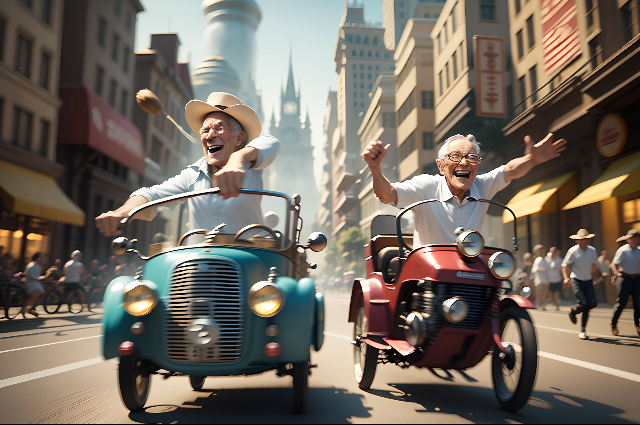 Time machine in the style of Disney Pixar. a duo of funny elderly inventors racing against time to fix a time gap. They laugh widely. Close-up. Blurred background in fast motion. Light haze. fog. --auto --s2