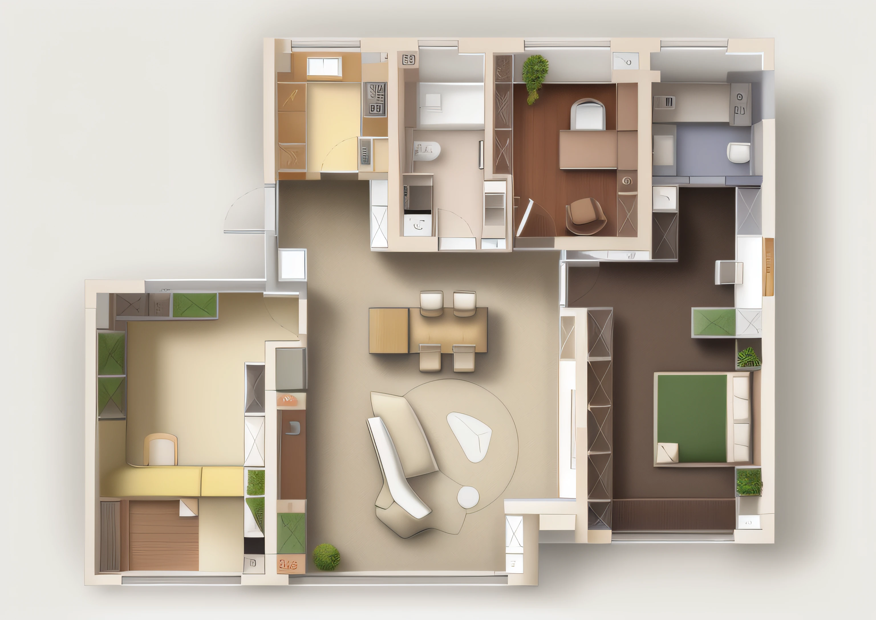 Convert floor plans to elevation effects，3Drenderingof，with a pure white background，best qualtiy，（Hyper-realistic， 统一 8k 壁纸），（best qualtiy），（Most Best Illustration），（Best shadow），（Whole house），Nordic style，Pastel tones，Light curtains，Light color large size floor tiles，carpets，Cotton and linen sofa，Light-colored furniture，softlighting，A plant，painting of a，vases，rendering by octane，Ray traching，Super meticulous