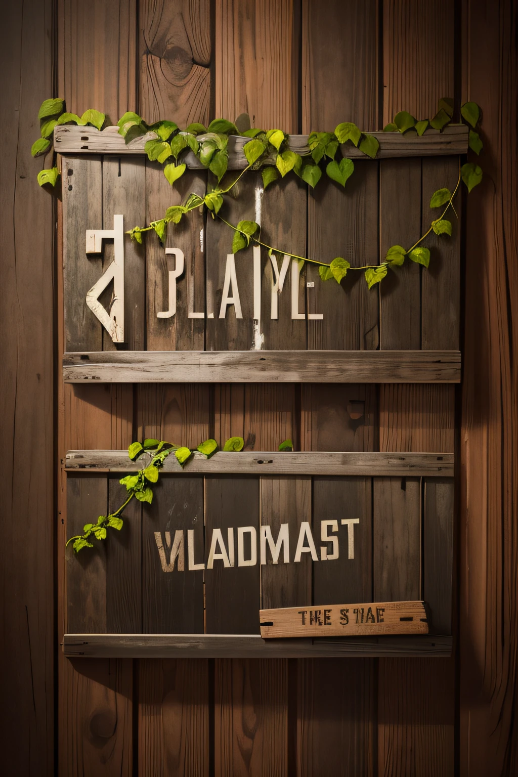 Decaying wooden signboard,Wooden vines,Wrap the planks on green ivy