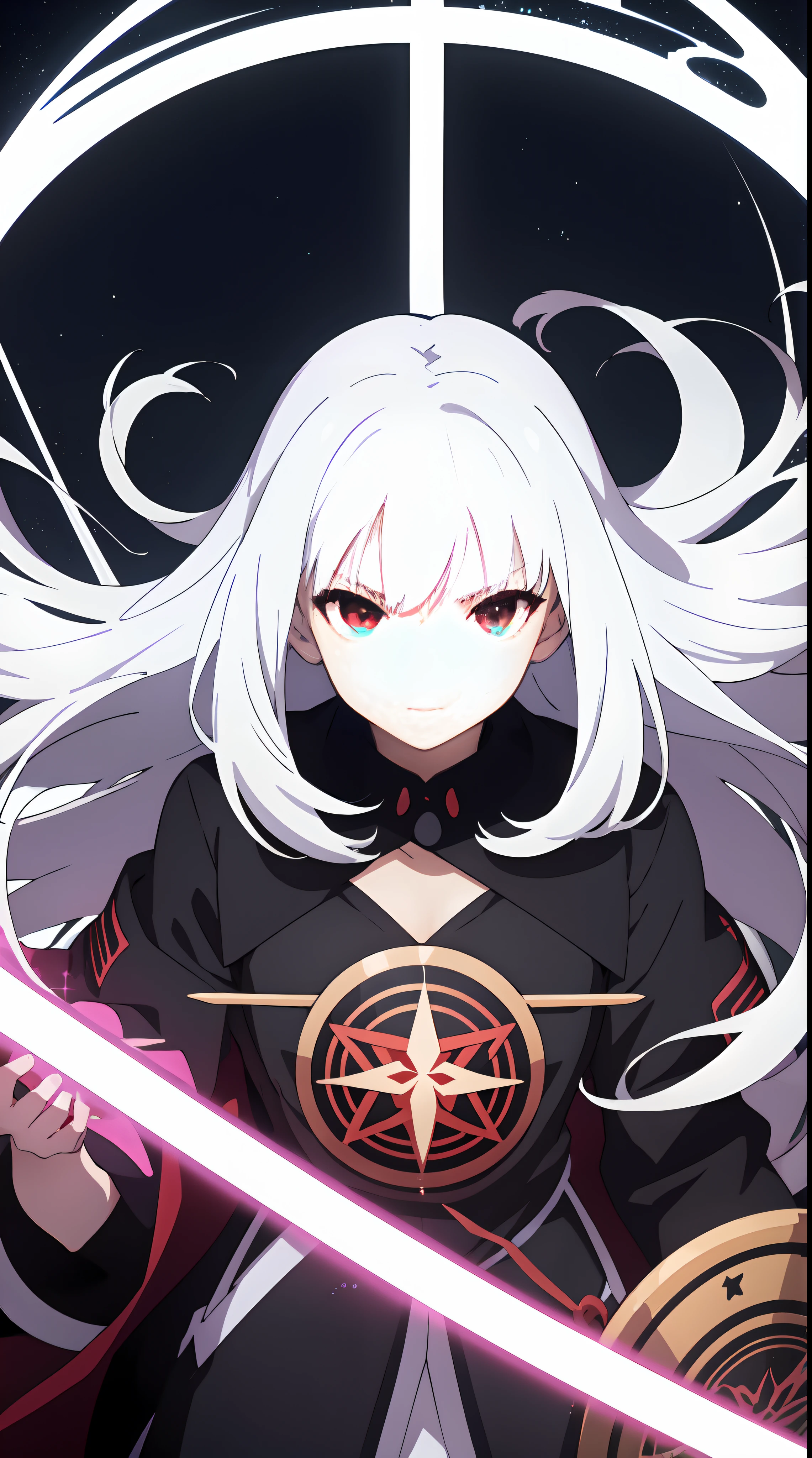 anime girl with white hair and red eyes holding a shield, magic circle, best anime 4k konachan wallpaper, white haired deity, zerochan art, anime art wallpaper 8 k, anime style 4 k, ufotable art style, detailed key anime art, anime art wallpaper 4 k, anime art wallpaper 4k, ryuko matoi, white haired, anime wallaper