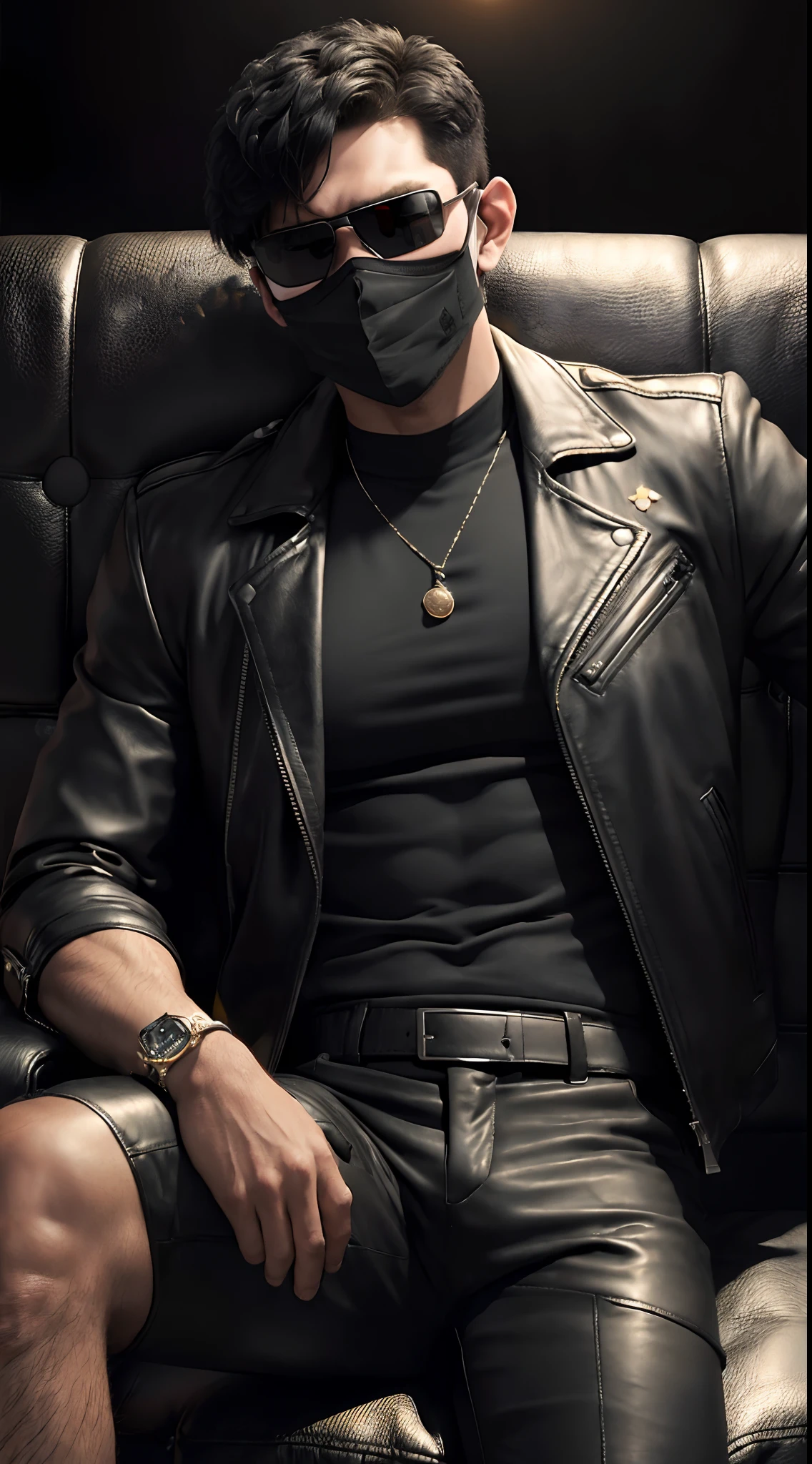 (masterpiece,8k resolution),a boy  ,handsome, ((black face mask)), ((black square sun glasses)), black leather jacket, ((short black hair)) , in a strip club, sitting on sofa with leg on each other, with gun in hand