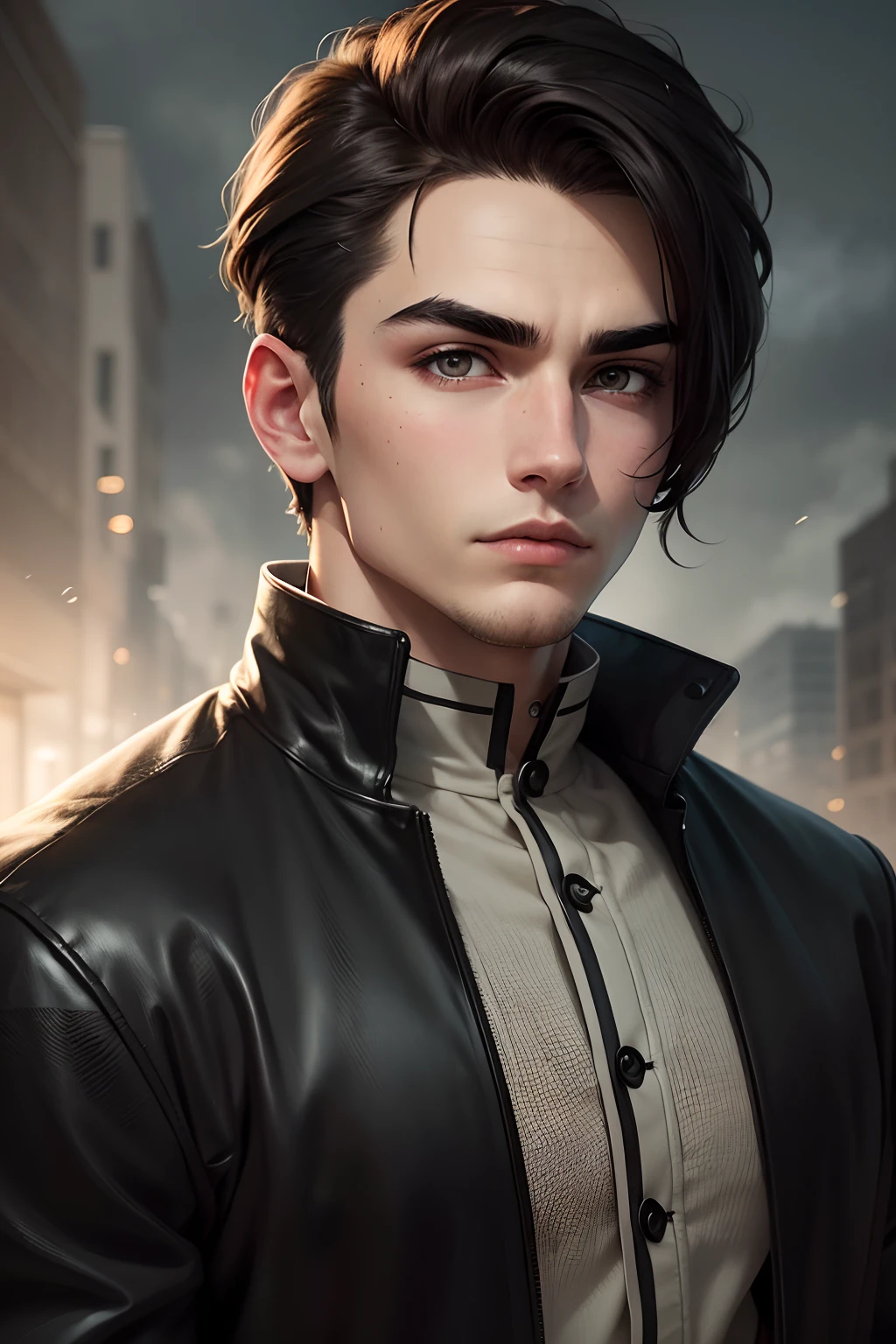 There is a young man, brunette color hair, Stare to the side, Gloomy air, Masterpiece, Best quality, Realistic, 1 man, Male focus, Handsome, [Thick eyebrows], Portrait, Extremely detailed face, Black hair, (Short hair)