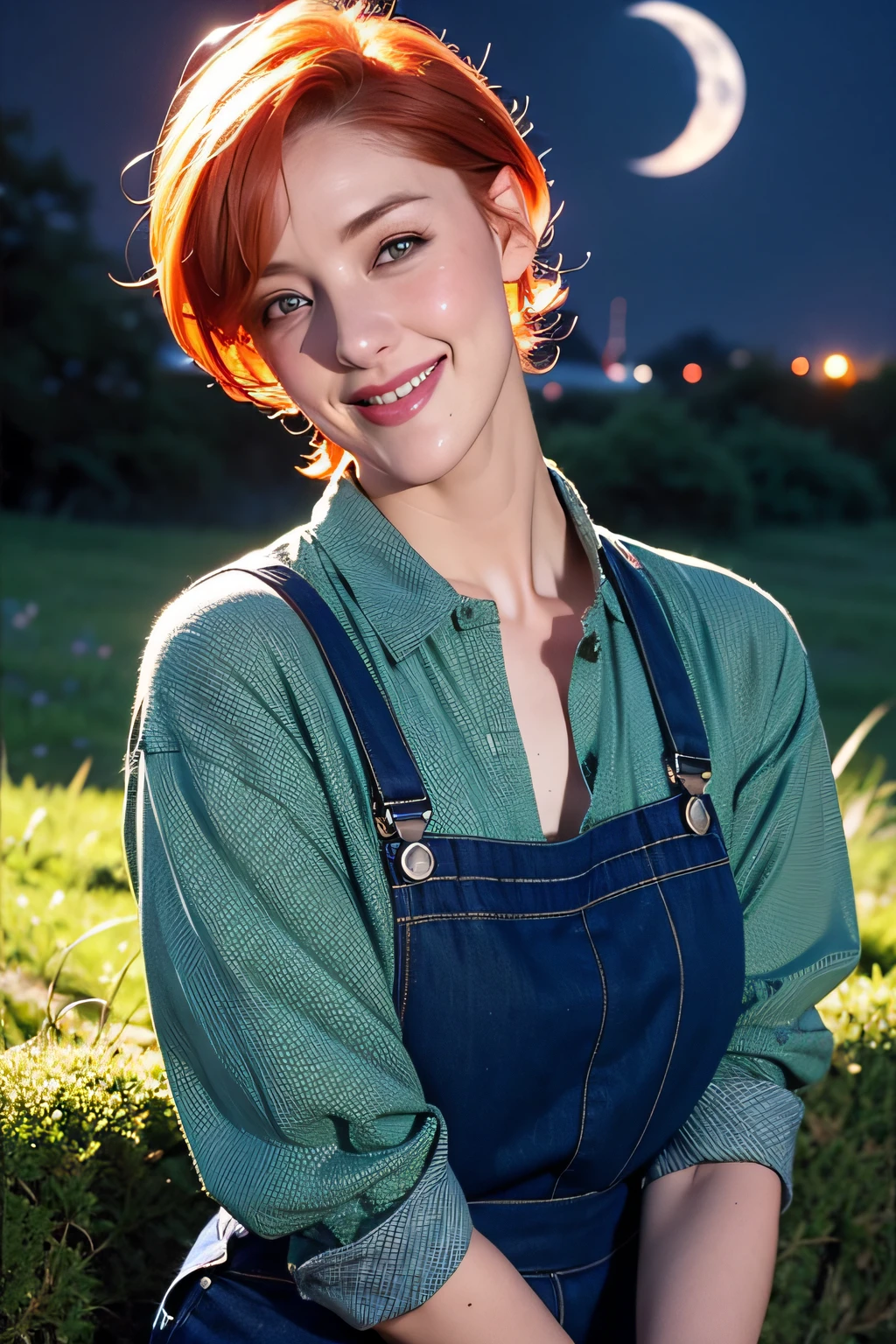 1girl in, SX Francis, Short hair, Orange hair, Green eyes, hitornfreckles, Smile, Red overalls, Blue shirt, Roll-up sleeve, mont, Moon, (Night:1.5), Looking at Viewer