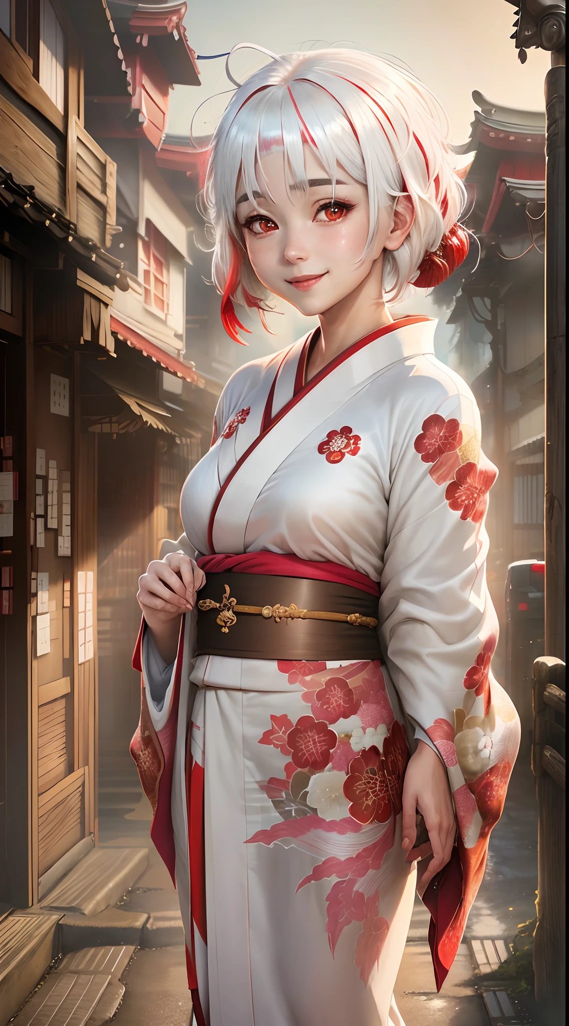 1 girl,Realistic anime girl, young girl, short hairs, (((kimono))),((( white hair with red highlights))),smiling, moon in background